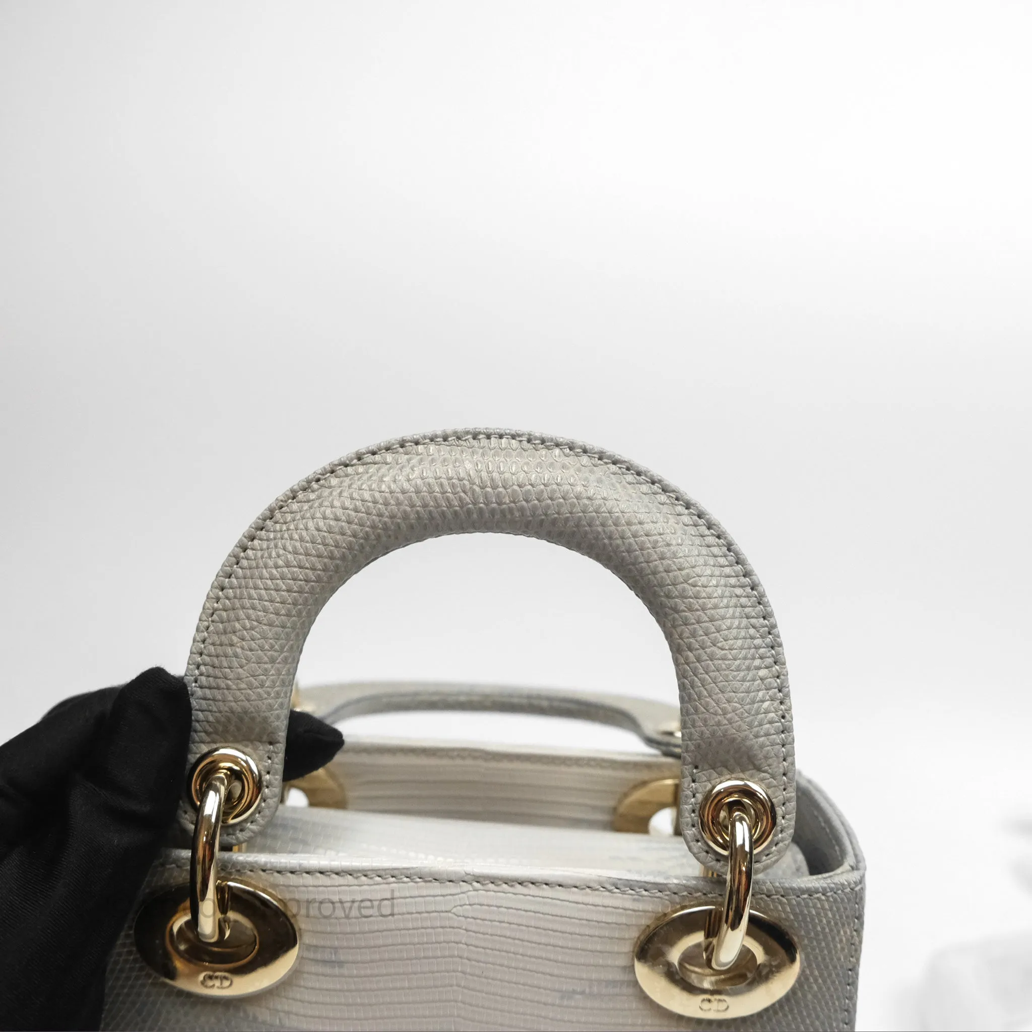 Dior Mini Lady Dior Ombre Grey White Lizard Gold Hardware