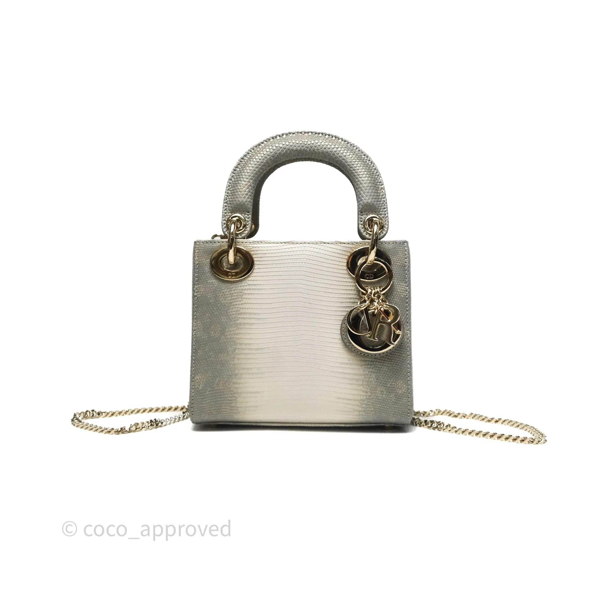 Dior Mini Lady Dior Ombre Grey White Lizard Gold Hardware