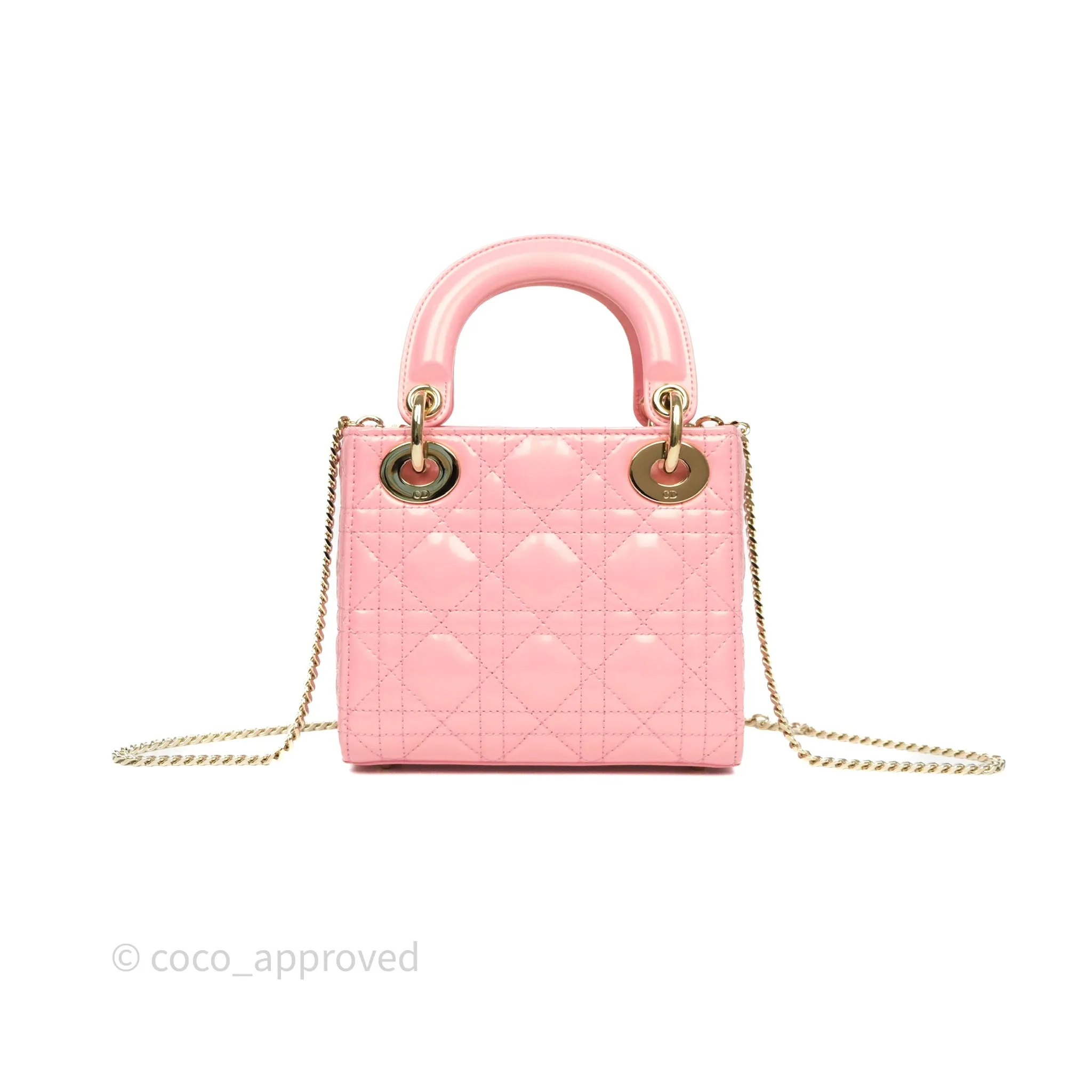 Dior Mini Lady Dior Pink Pearlescent Patent Cannage Gold Hardware