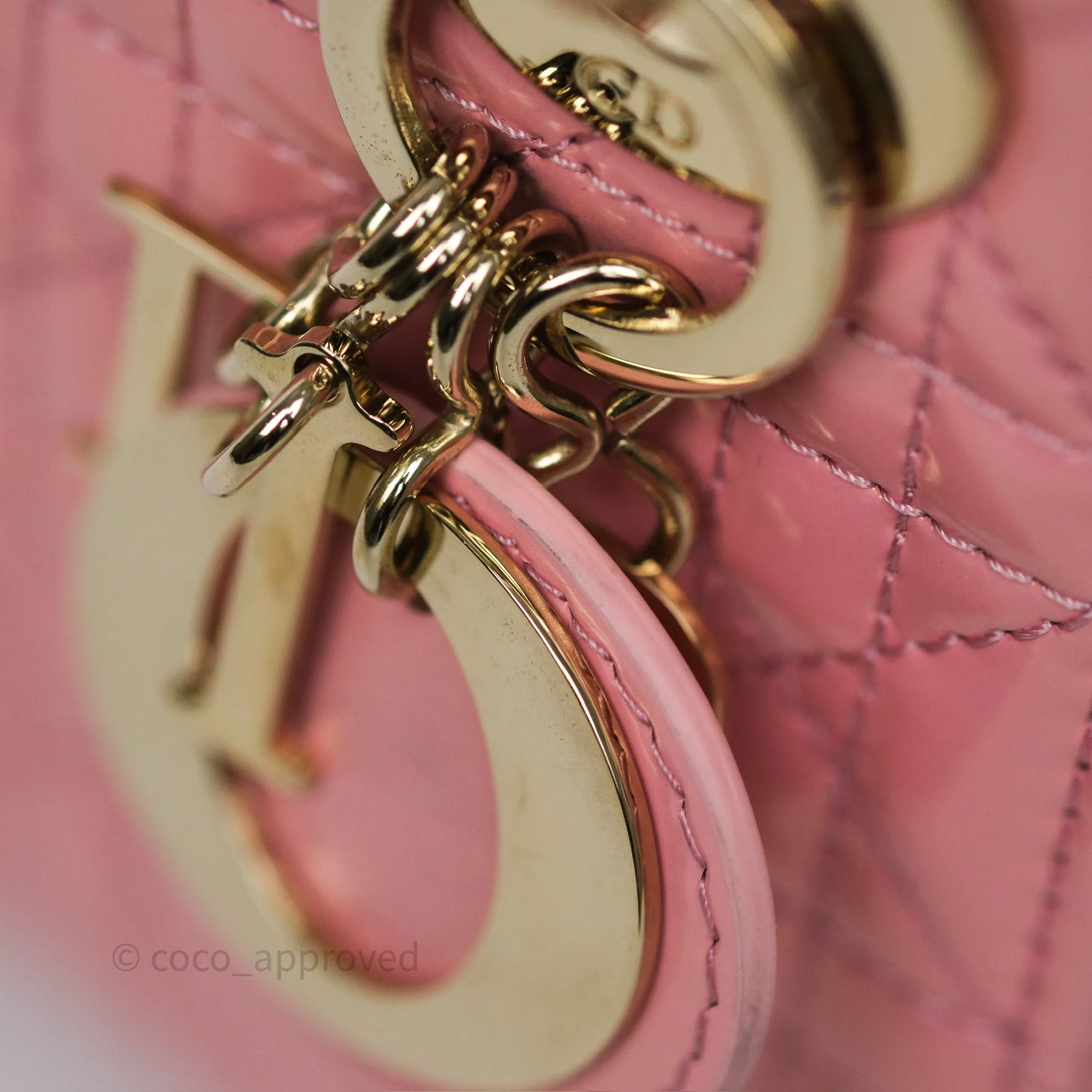 Dior Mini Lady Dior Pink Pearlescent Patent Cannage Gold Hardware