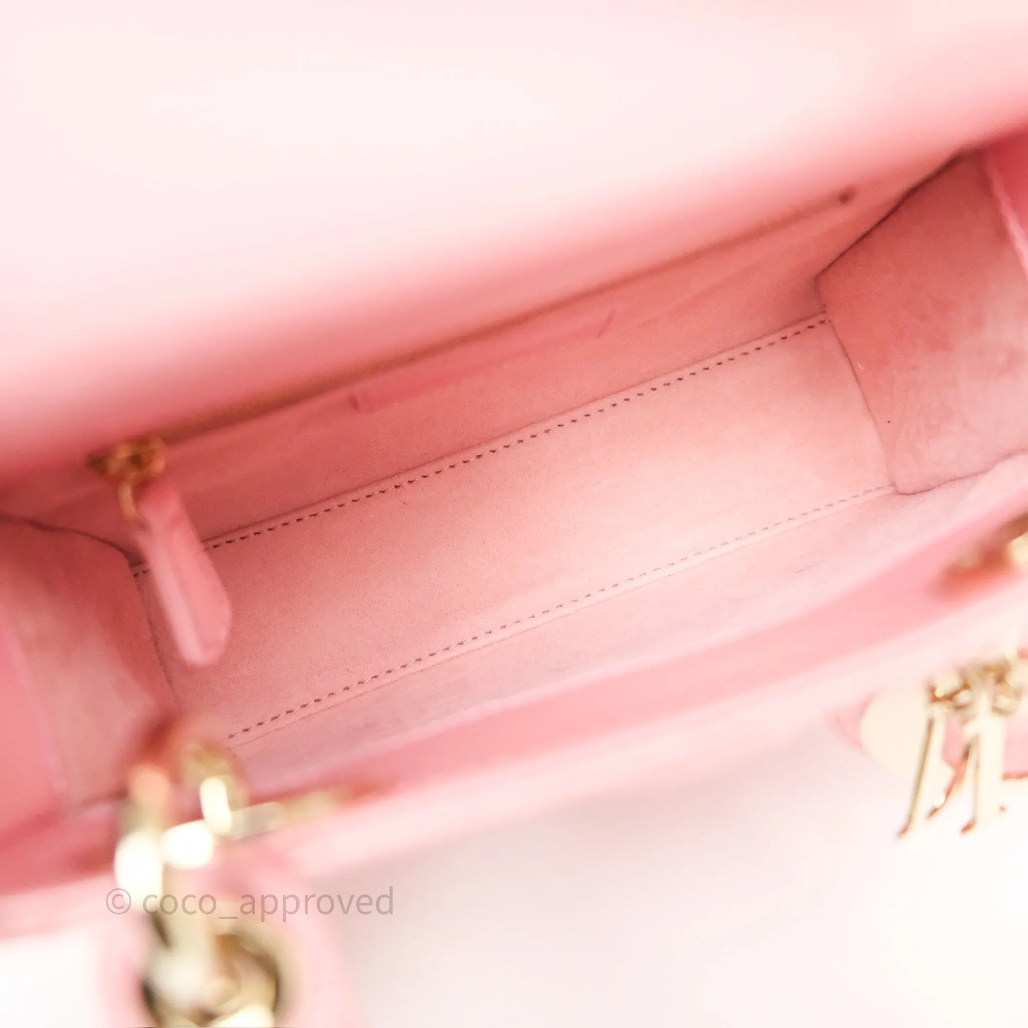 Dior Mini Lady Dior Pink Pearlescent Patent Cannage Gold Hardware