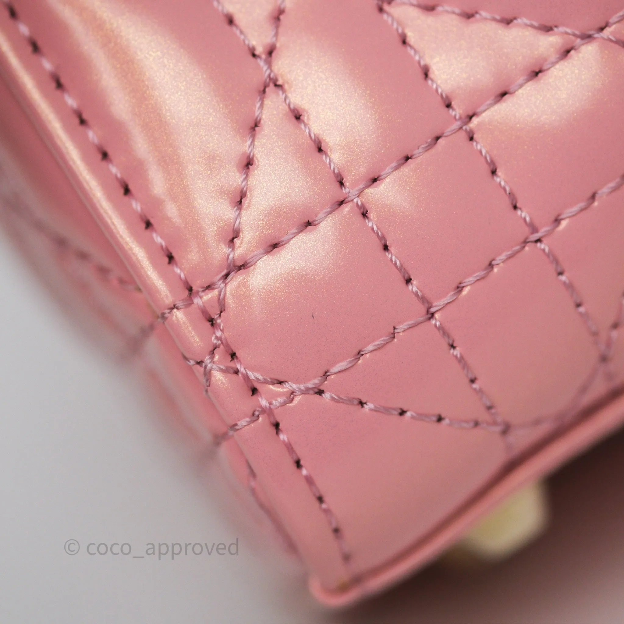 Dior Mini Lady Dior Pink Pearlescent Patent Cannage Gold Hardware
