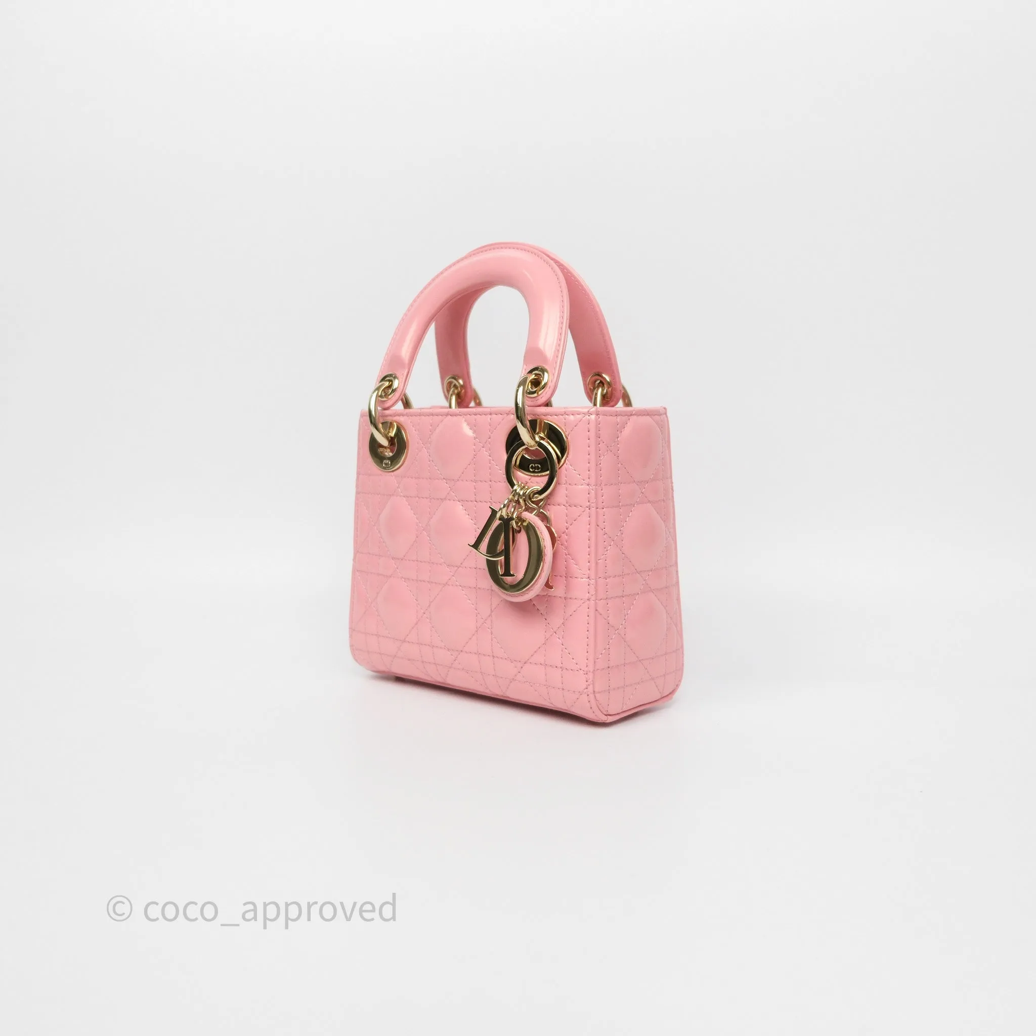 Dior Mini Lady Dior Pink Pearlescent Patent Cannage Gold Hardware