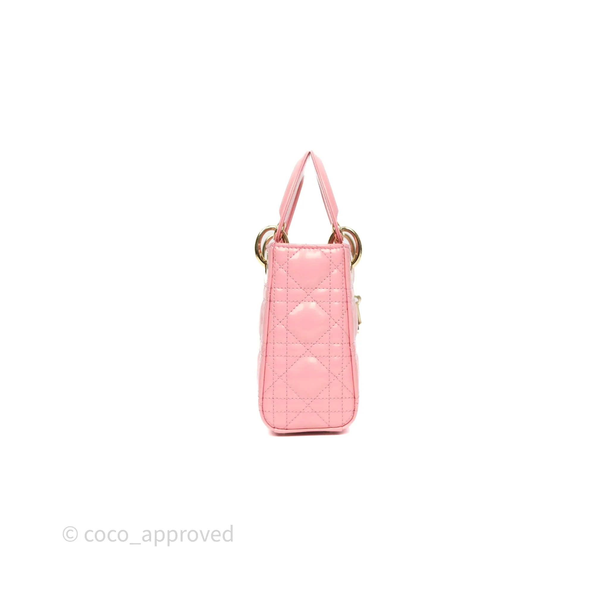 Dior Mini Lady Dior Pink Pearlescent Patent Cannage Gold Hardware