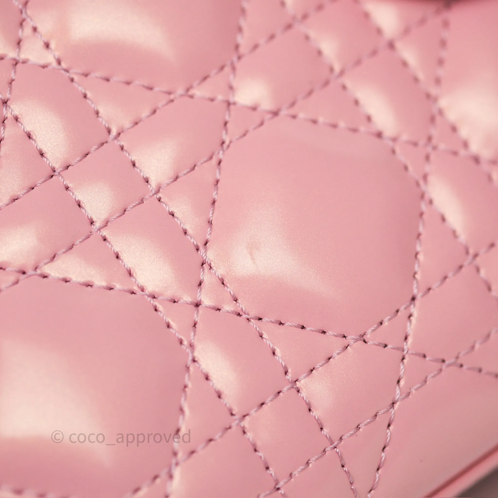 Dior Mini Lady Dior Pink Pearlescent Patent Cannage Gold Hardware