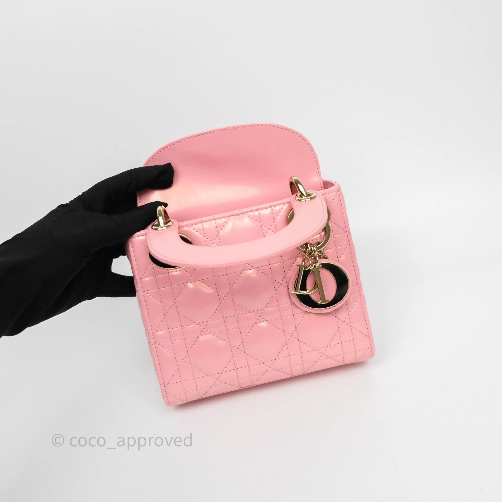 Dior Mini Lady Dior Pink Pearlescent Patent Cannage Gold Hardware