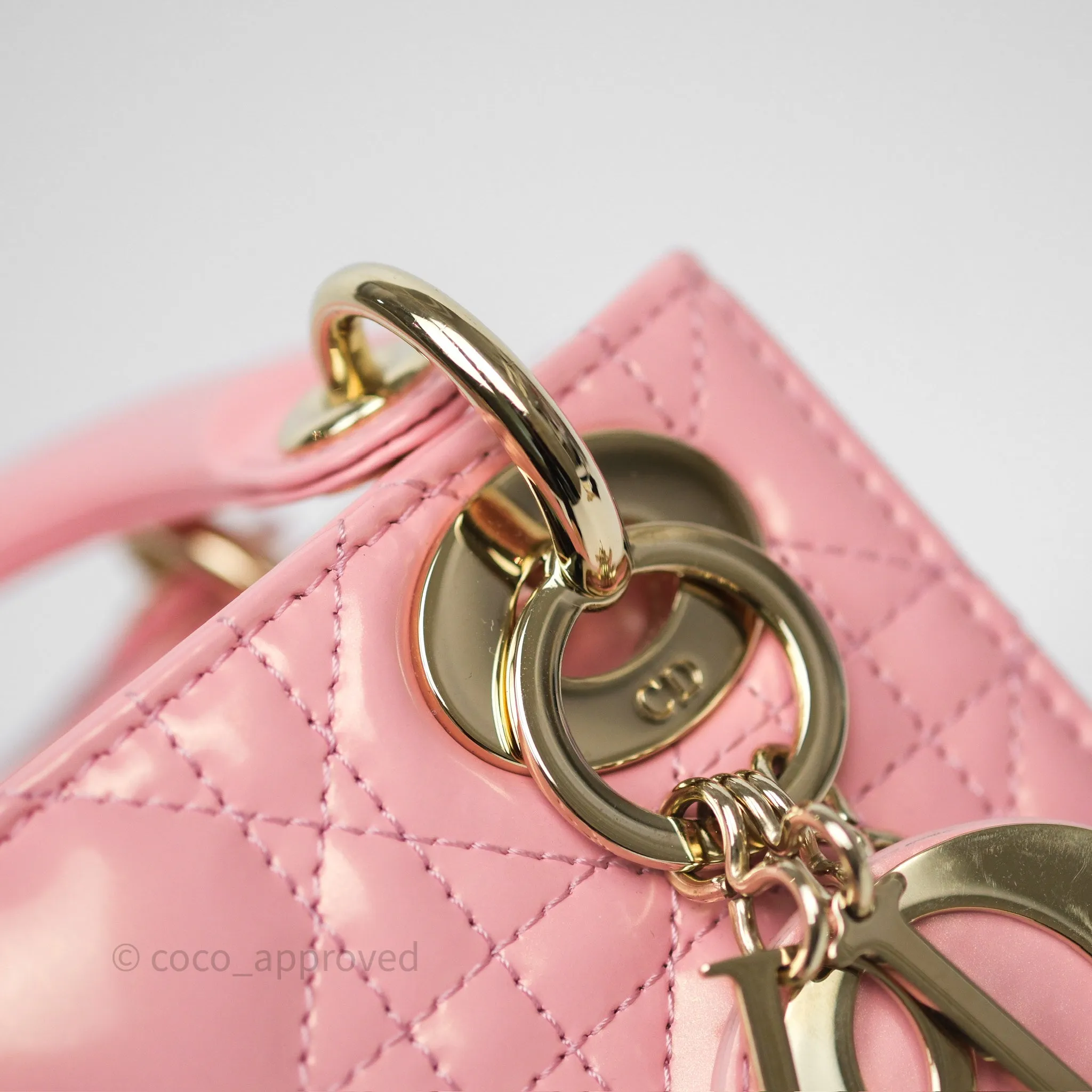 Dior Mini Lady Dior Pink Pearlescent Patent Cannage Gold Hardware