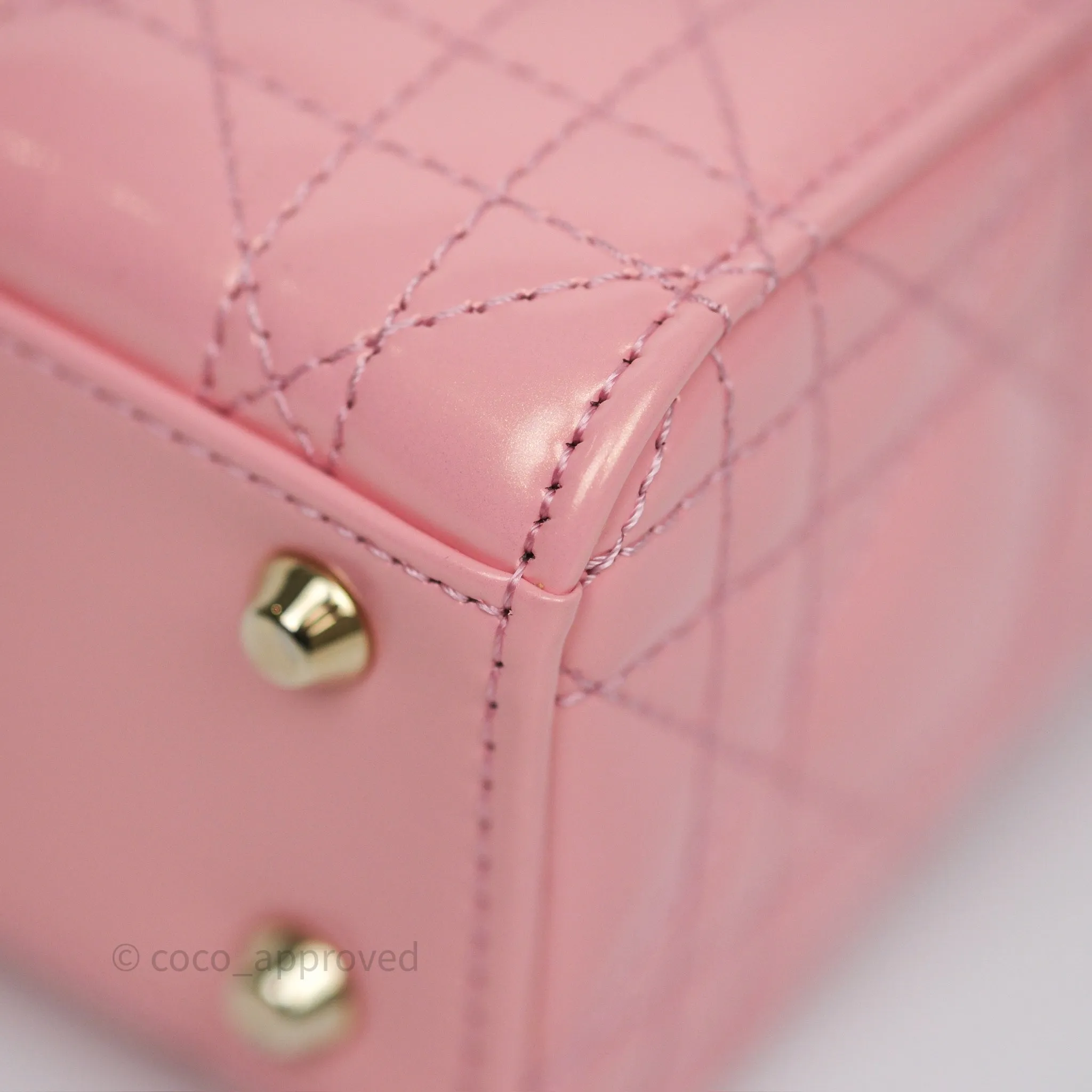 Dior Mini Lady Dior Pink Pearlescent Patent Cannage Gold Hardware