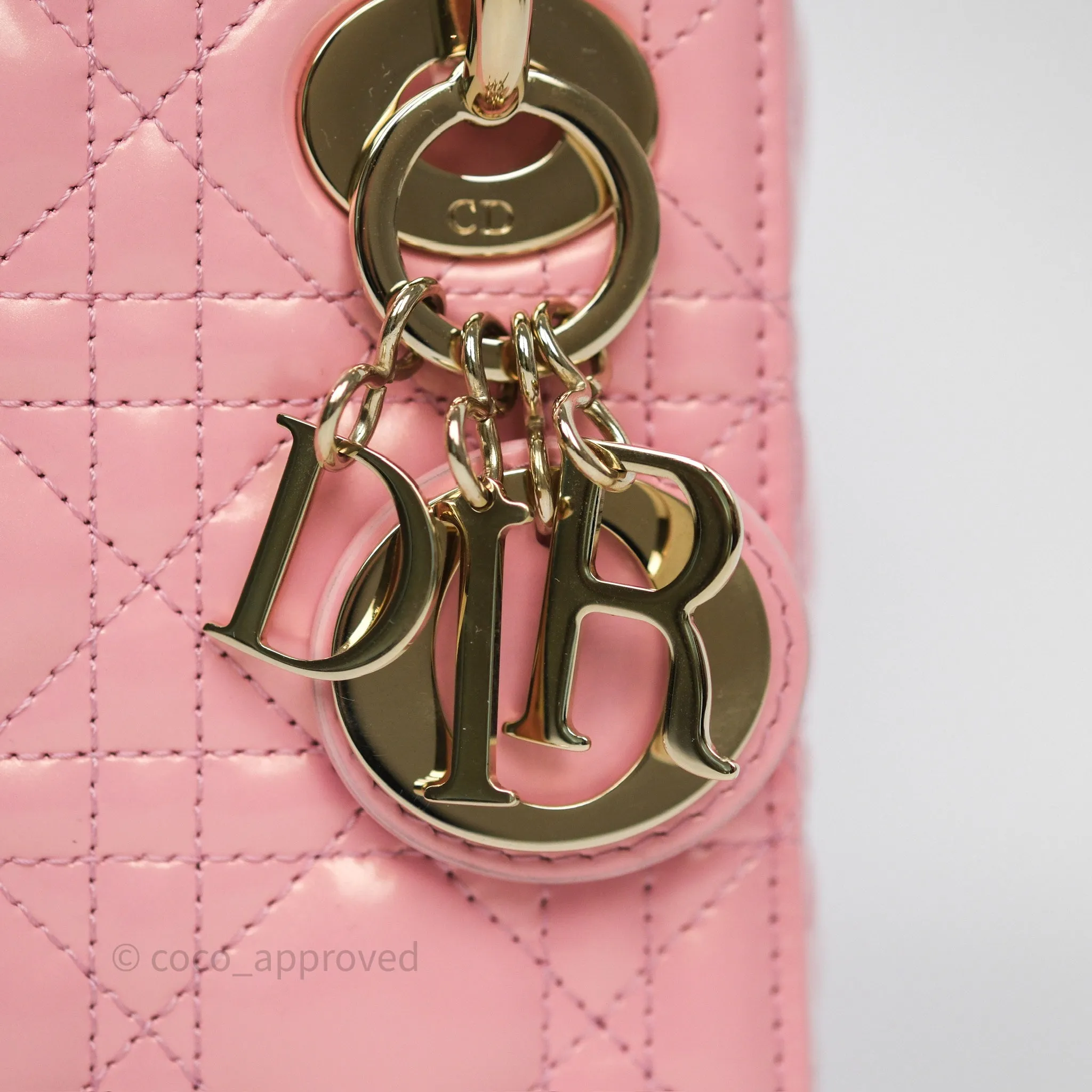 Dior Mini Lady Dior Pink Pearlescent Patent Cannage Gold Hardware