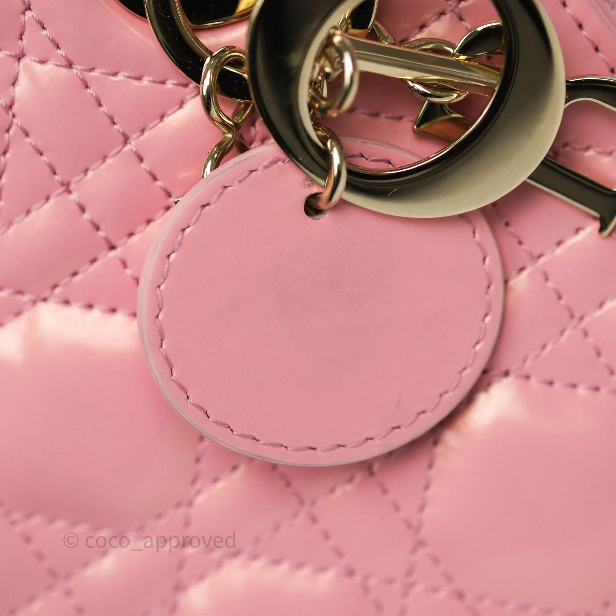 Dior Mini Lady Dior Pink Pearlescent Patent Cannage Gold Hardware