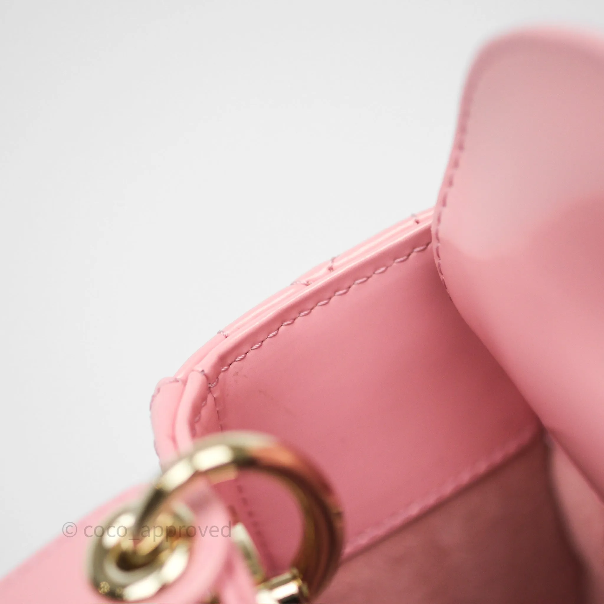 Dior Mini Lady Dior Pink Pearlescent Patent Cannage Gold Hardware