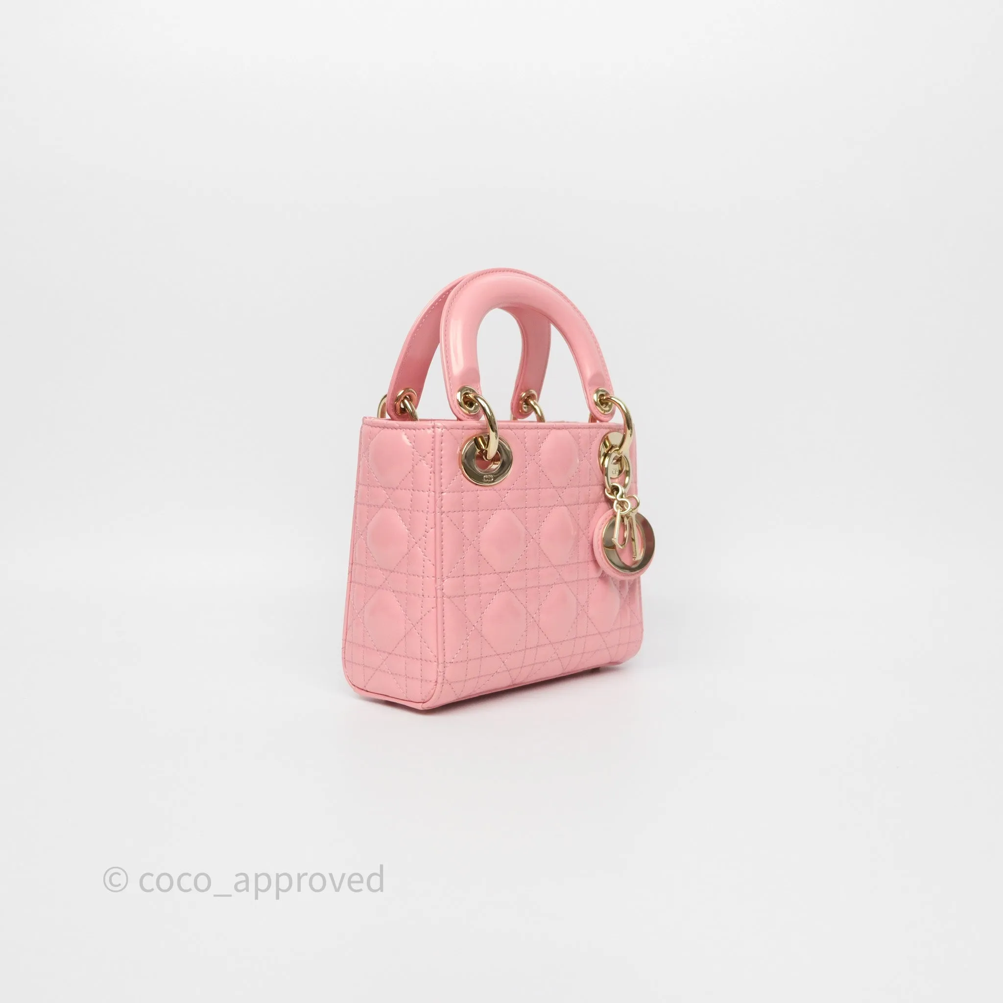 Dior Mini Lady Dior Pink Pearlescent Patent Cannage Gold Hardware