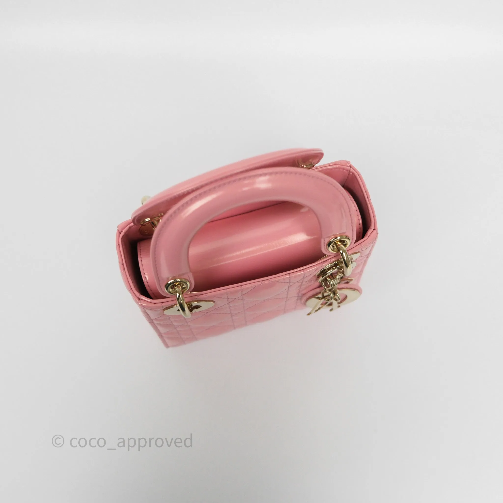 Dior Mini Lady Dior Pink Pearlescent Patent Cannage Gold Hardware