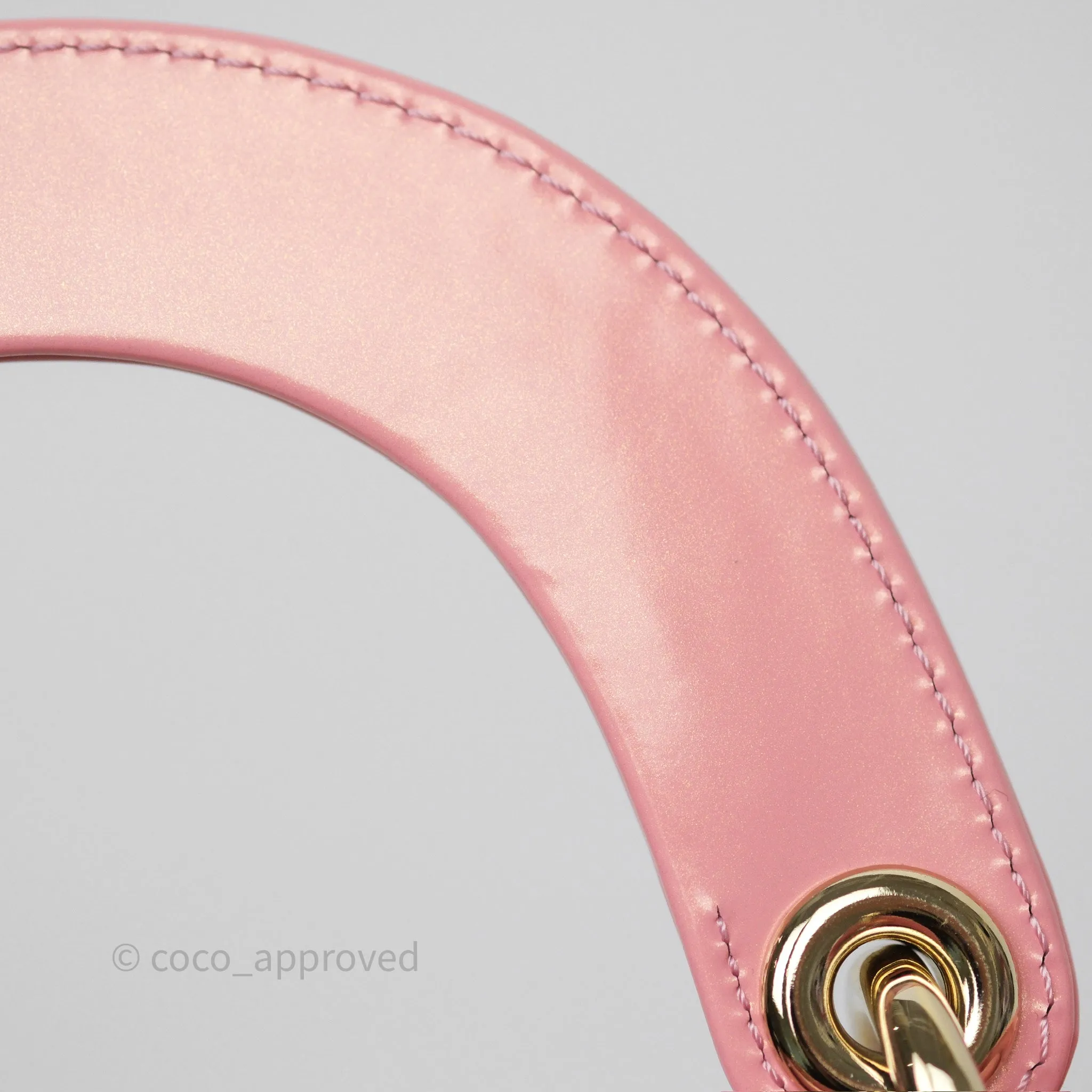 Dior Mini Lady Dior Pink Pearlescent Patent Cannage Gold Hardware