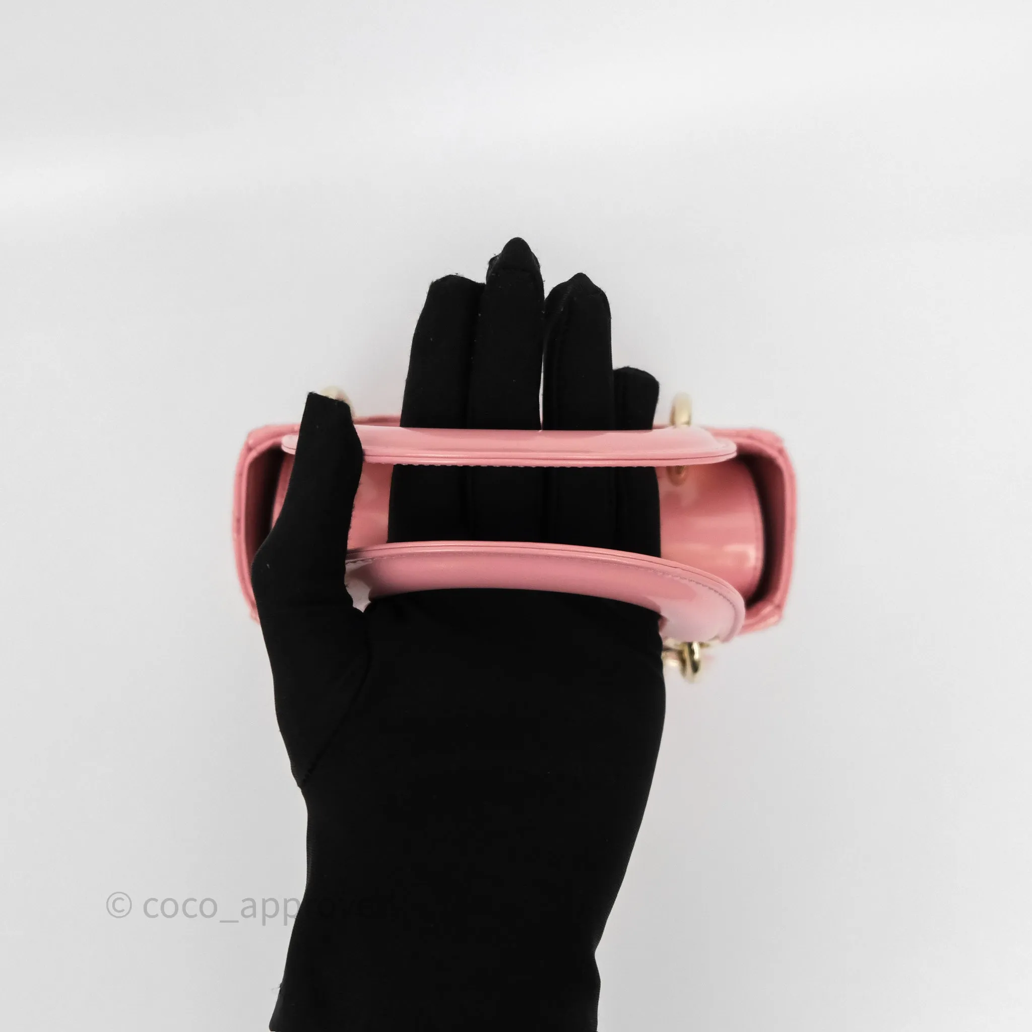Dior Mini Lady Dior Pink Pearlescent Patent Cannage Gold Hardware