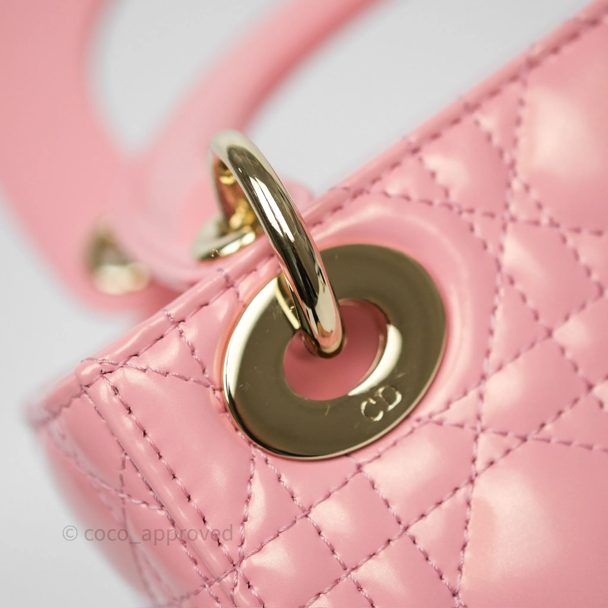 Dior Mini Lady Dior Pink Pearlescent Patent Cannage Gold Hardware