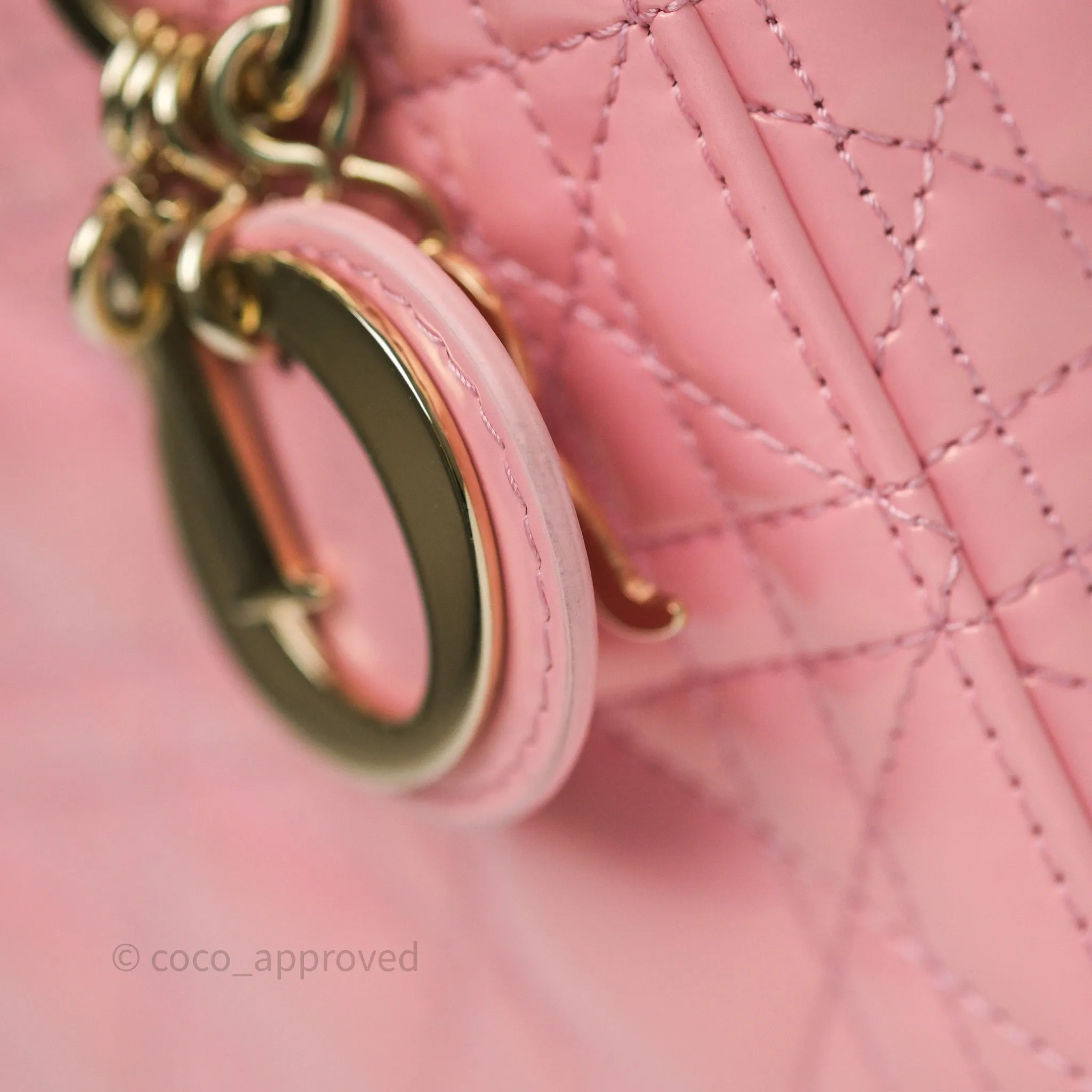 Dior Mini Lady Dior Pink Pearlescent Patent Cannage Gold Hardware