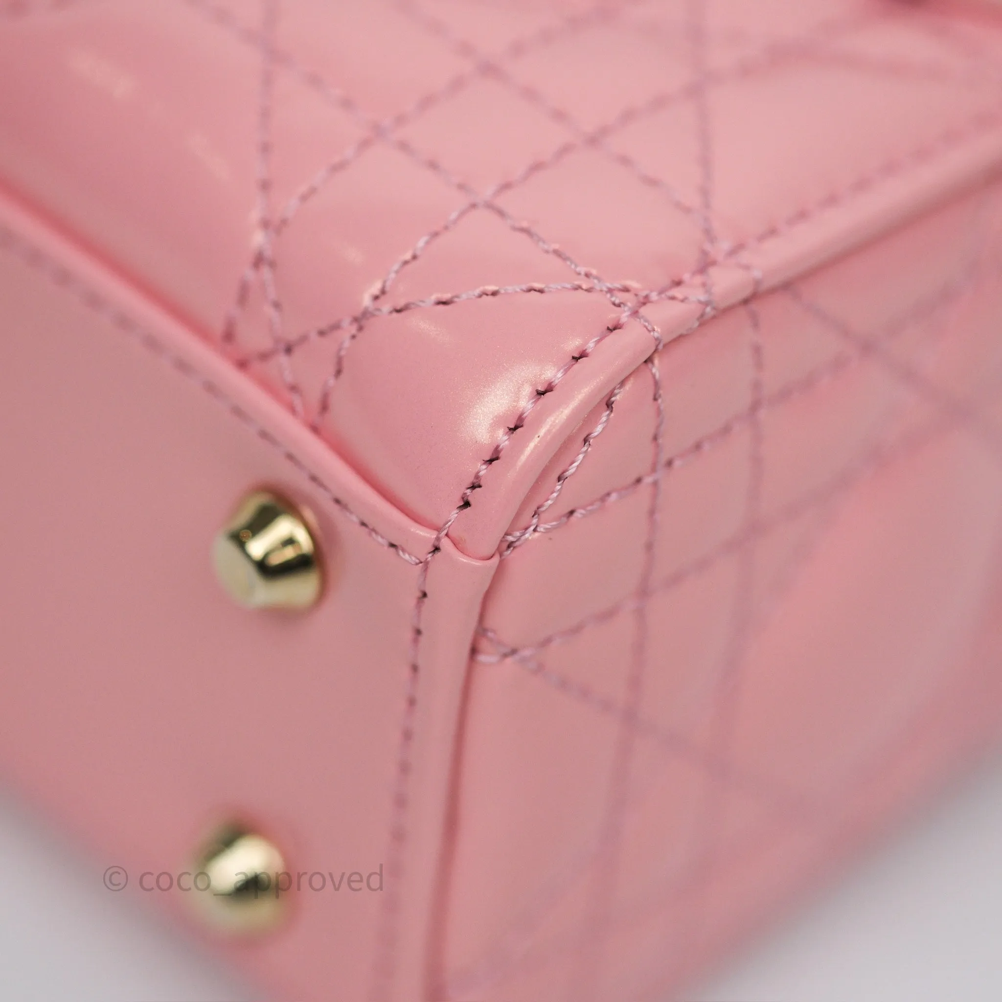 Dior Mini Lady Dior Pink Pearlescent Patent Cannage Gold Hardware