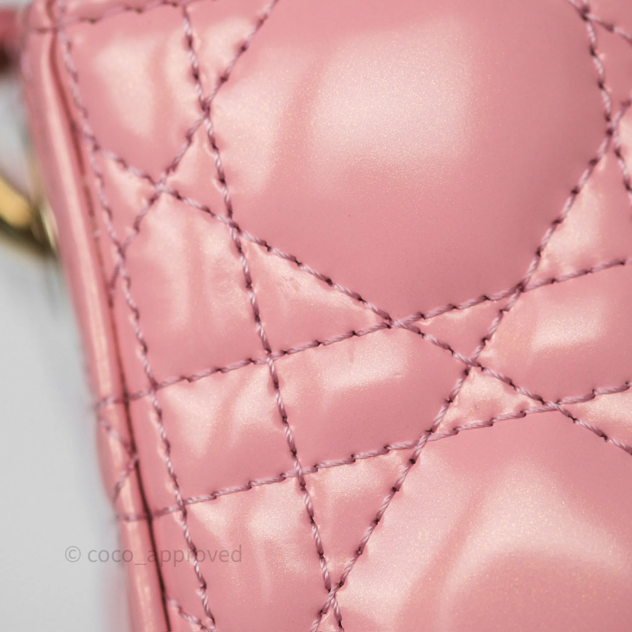 Dior Mini Lady Dior Pink Pearlescent Patent Cannage Gold Hardware