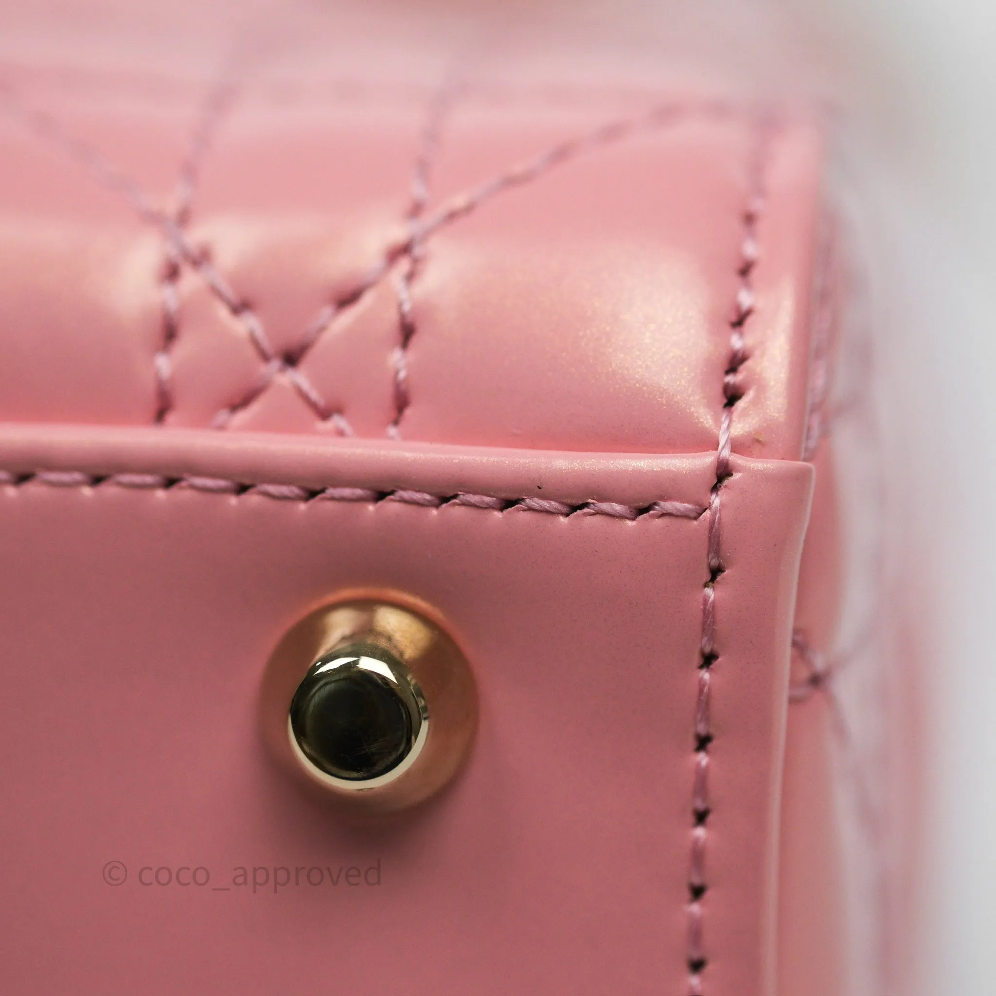 Dior Mini Lady Dior Pink Pearlescent Patent Cannage Gold Hardware