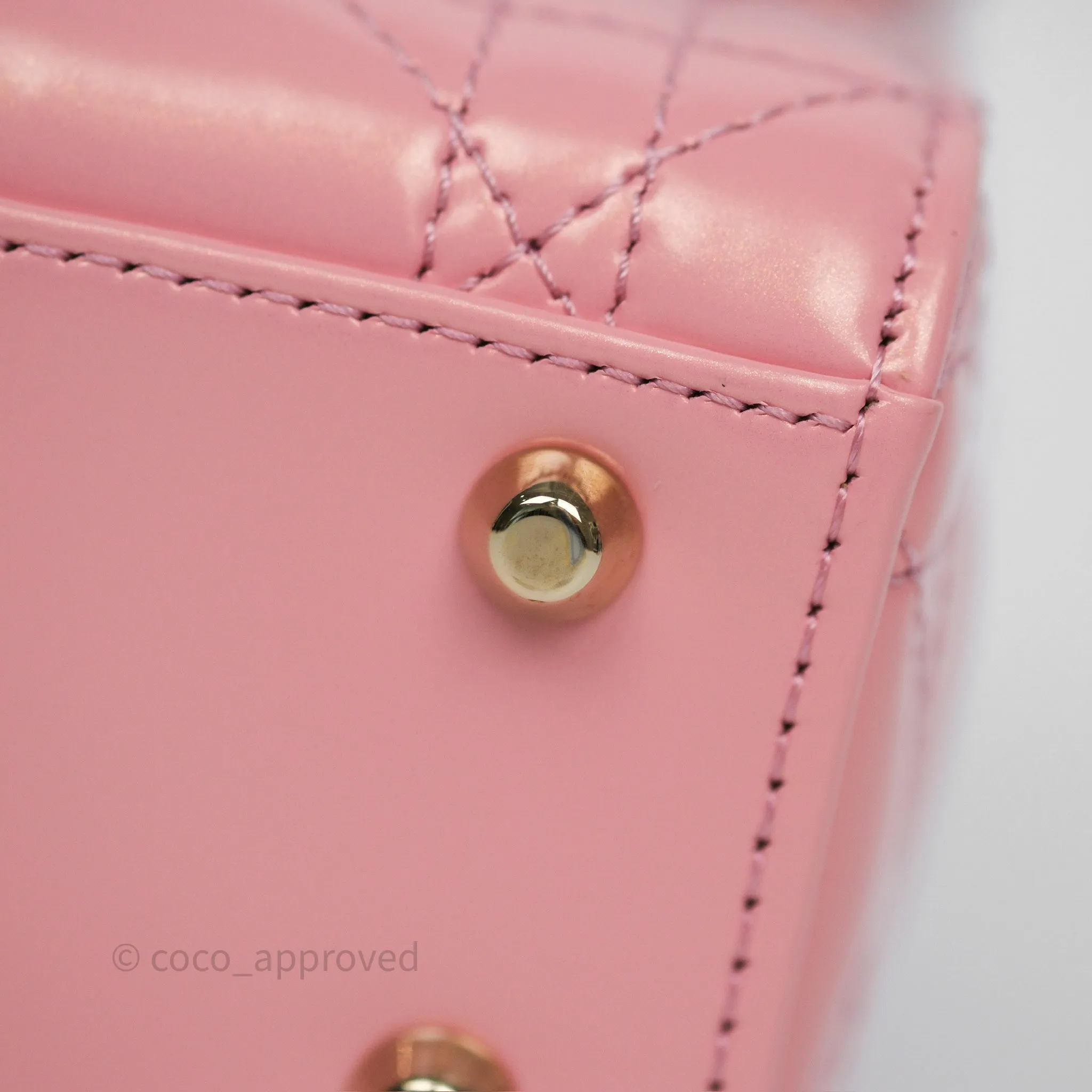 Dior Mini Lady Dior Pink Pearlescent Patent Cannage Gold Hardware