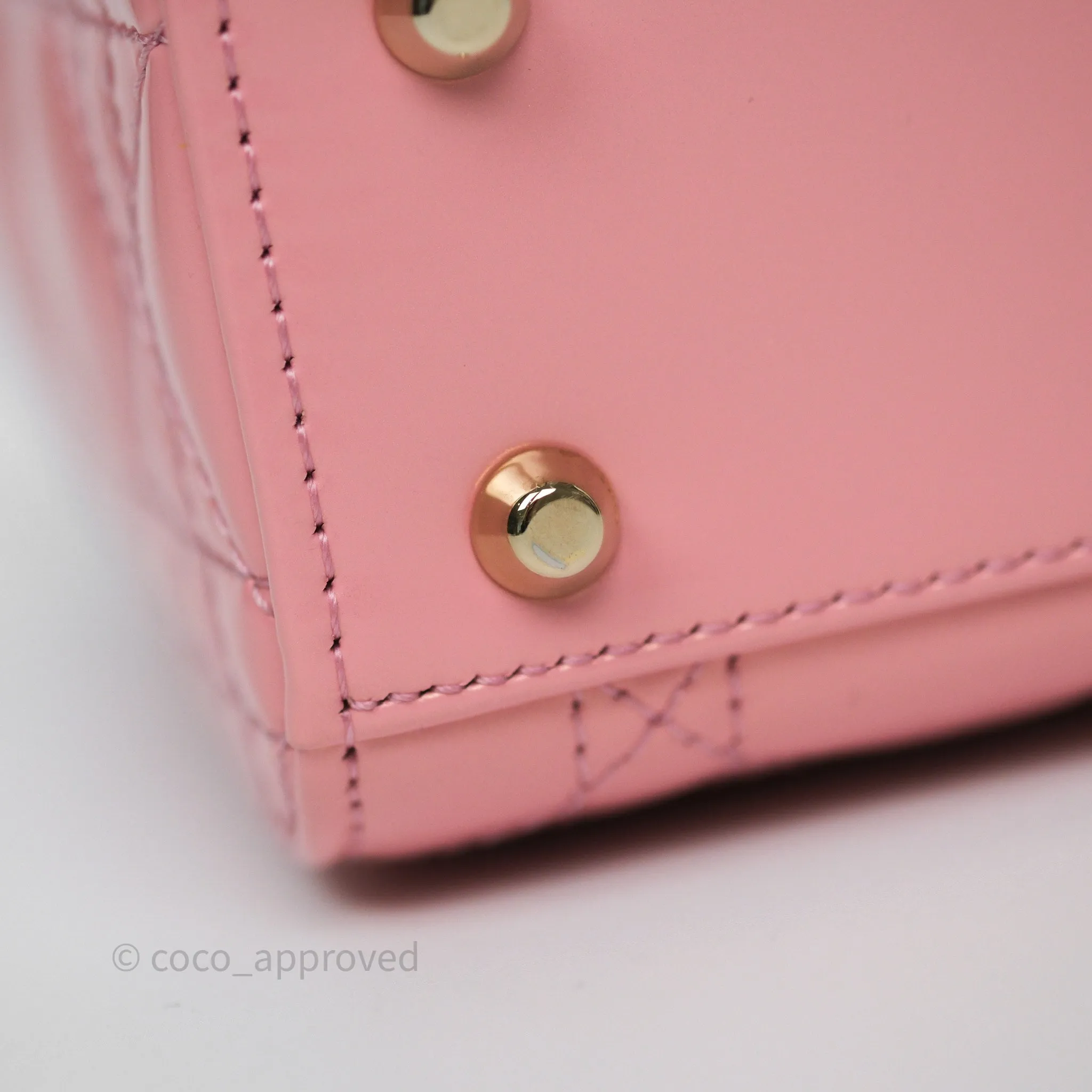 Dior Mini Lady Dior Pink Pearlescent Patent Cannage Gold Hardware