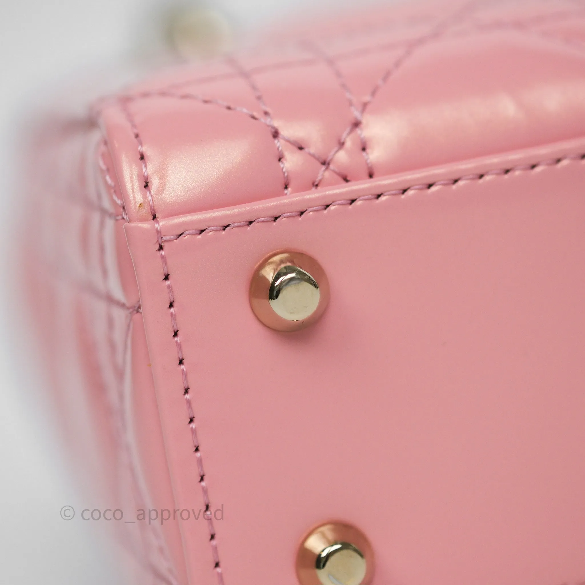 Dior Mini Lady Dior Pink Pearlescent Patent Cannage Gold Hardware