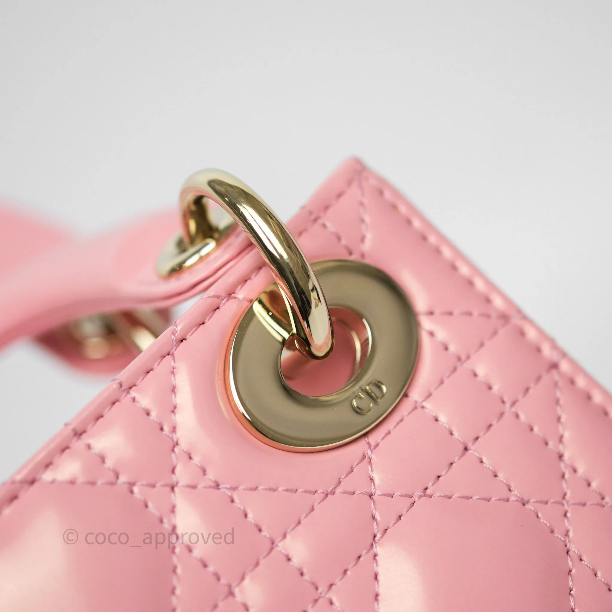 Dior Mini Lady Dior Pink Pearlescent Patent Cannage Gold Hardware