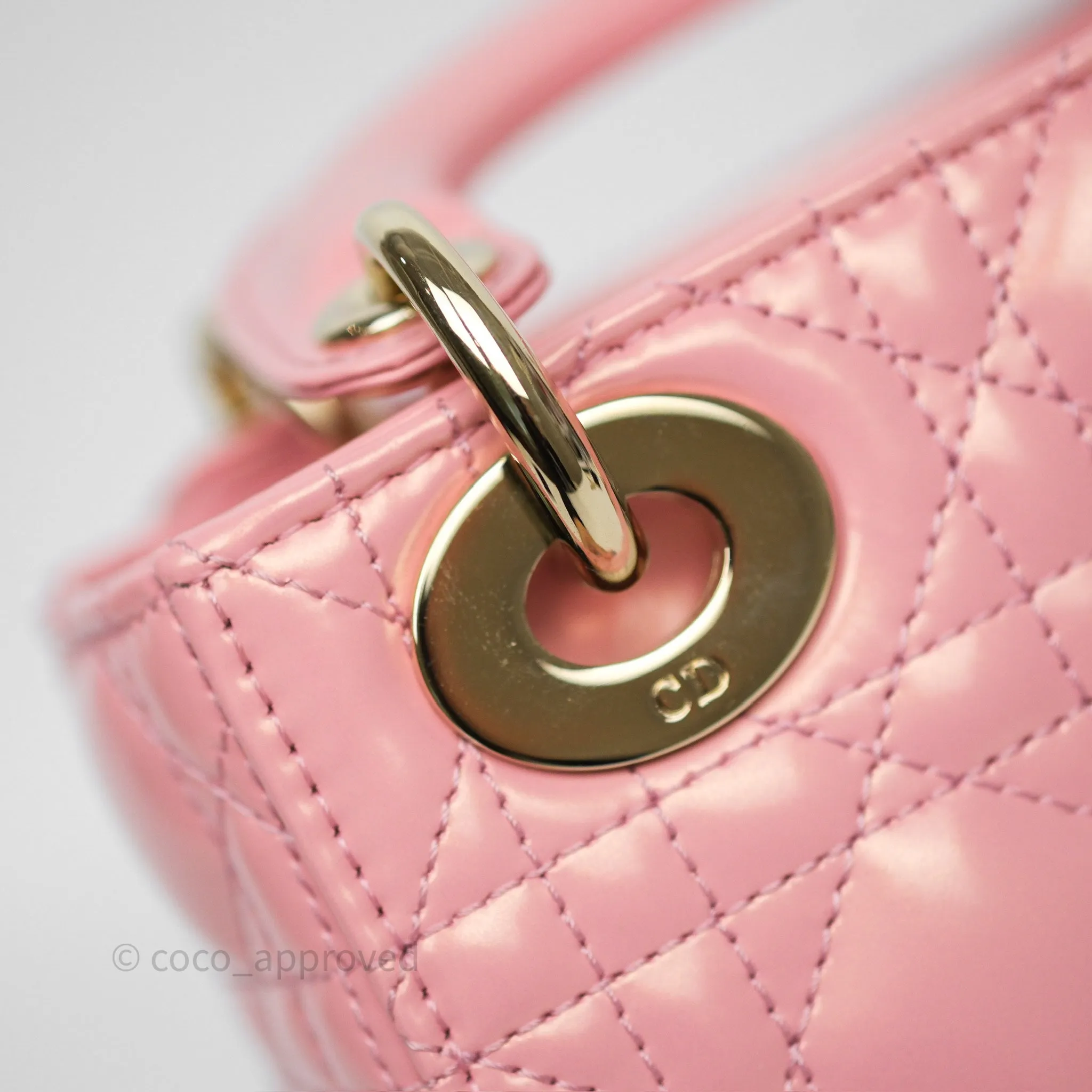 Dior Mini Lady Dior Pink Pearlescent Patent Cannage Gold Hardware