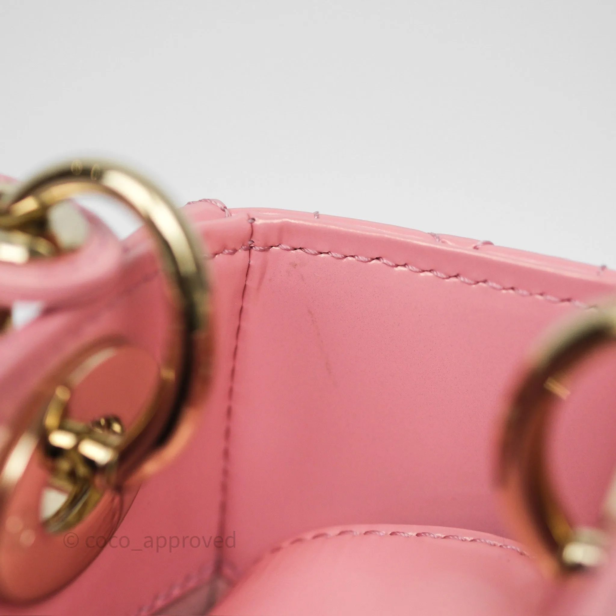 Dior Mini Lady Dior Pink Pearlescent Patent Cannage Gold Hardware