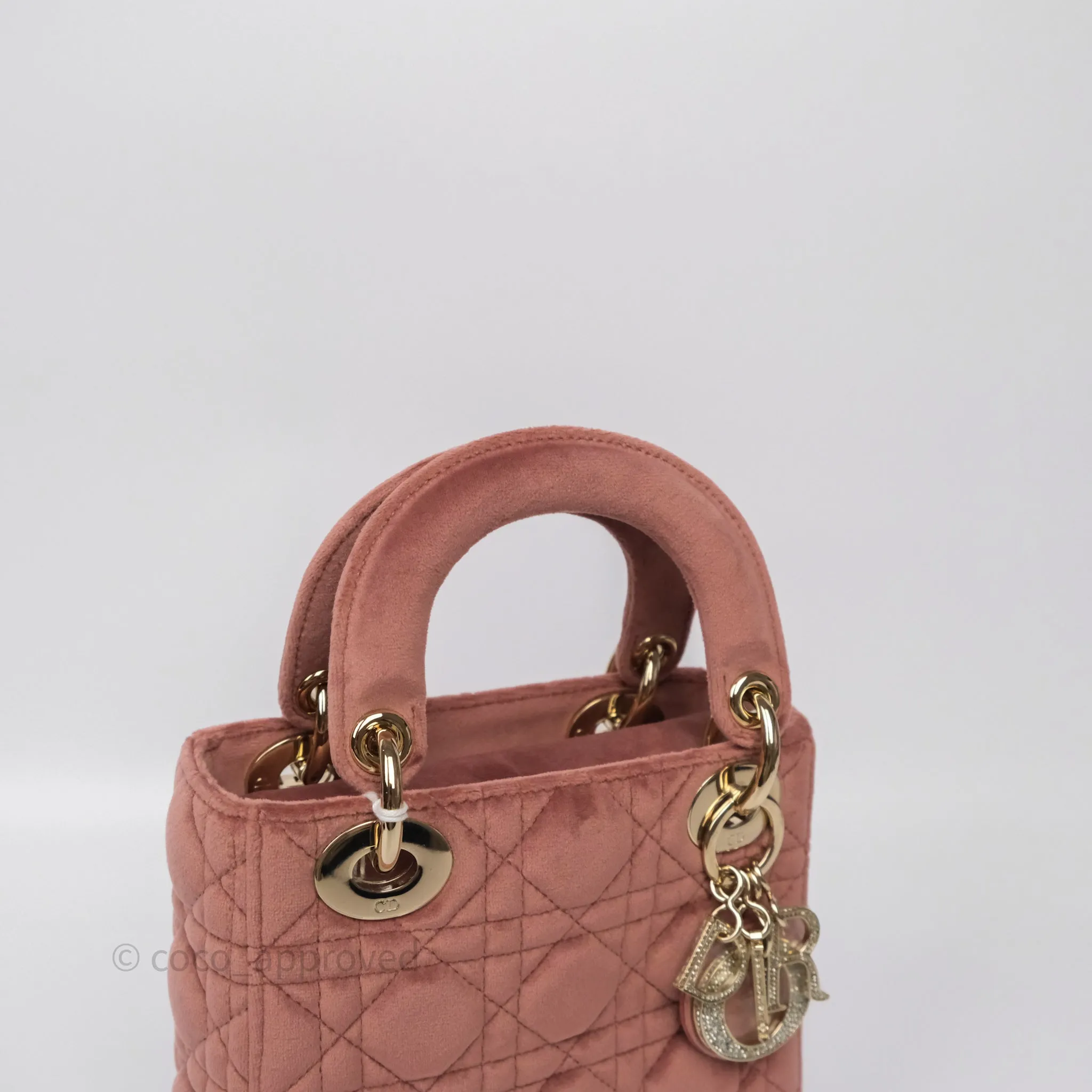 Dior Mini Lady Dior Pink Velvet Cannage Crystal Charms Gold Hardware