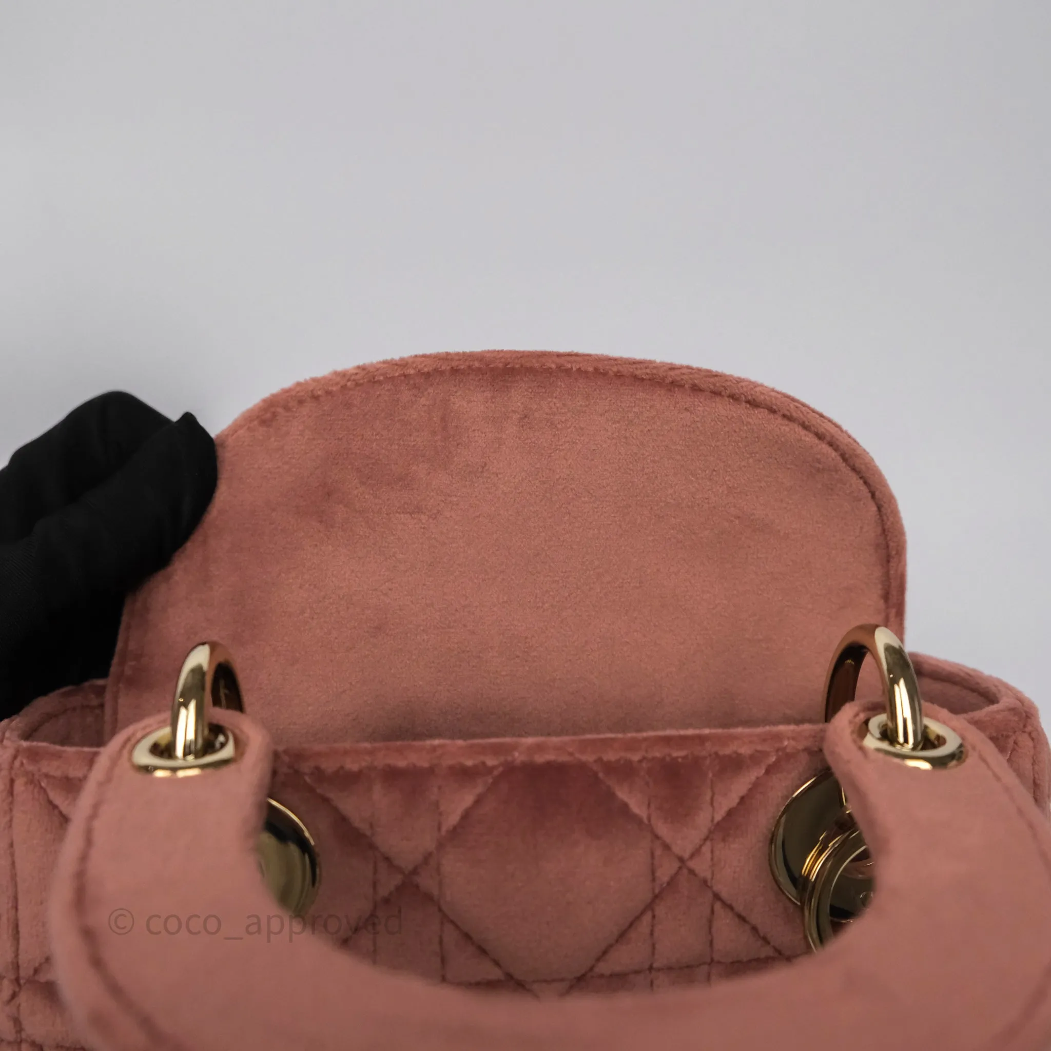 Dior Mini Lady Dior Pink Velvet Cannage Crystal Charms Gold Hardware