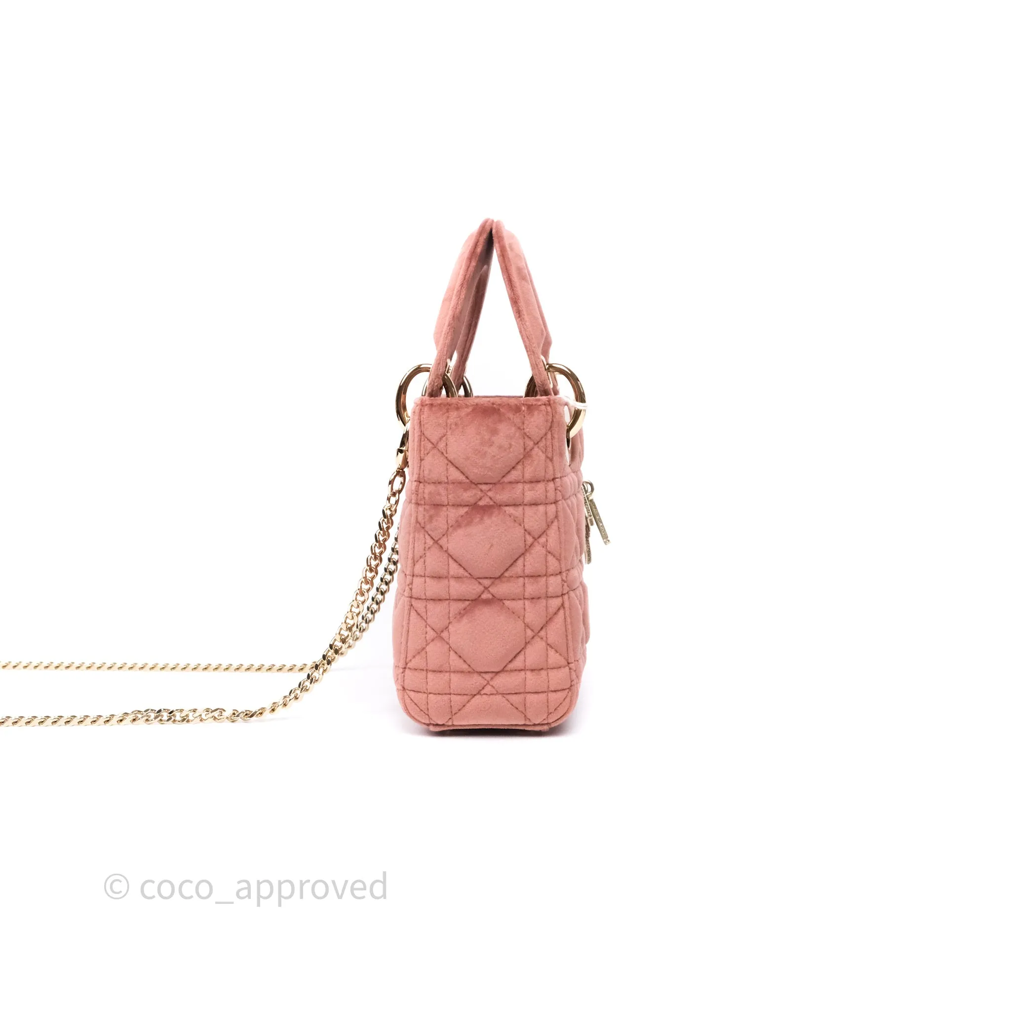 Dior Mini Lady Dior Pink Velvet Cannage Crystal Charms Gold Hardware