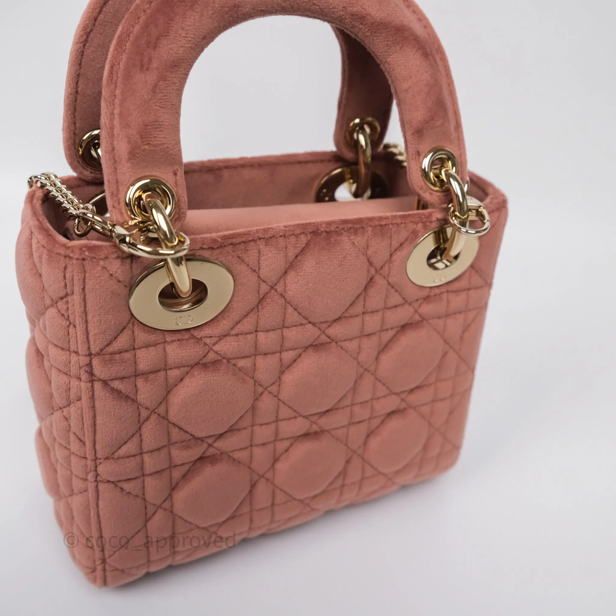Dior Mini Lady Dior Pink Velvet Cannage Crystal Charms Gold Hardware