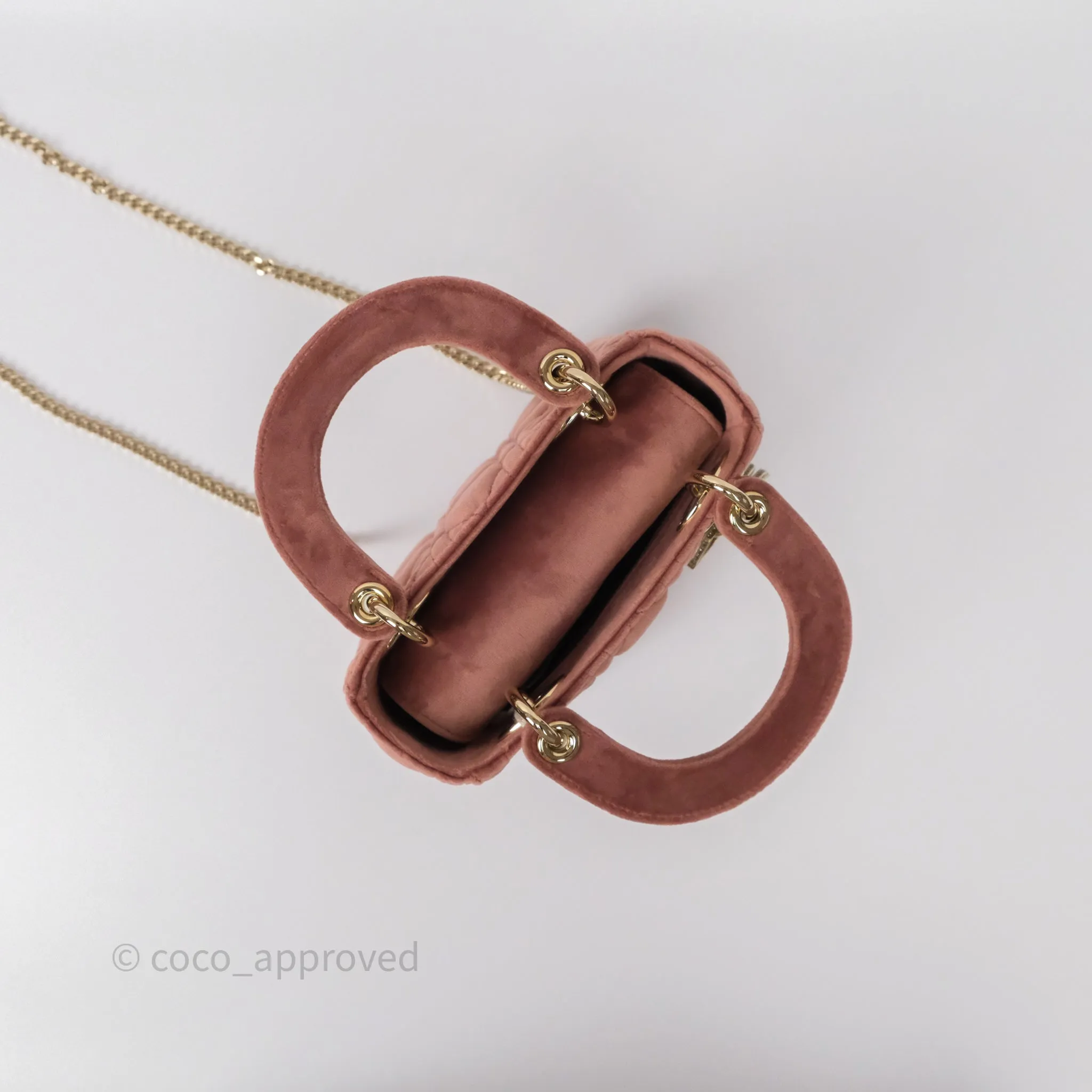 Dior Mini Lady Dior Pink Velvet Cannage Crystal Charms Gold Hardware