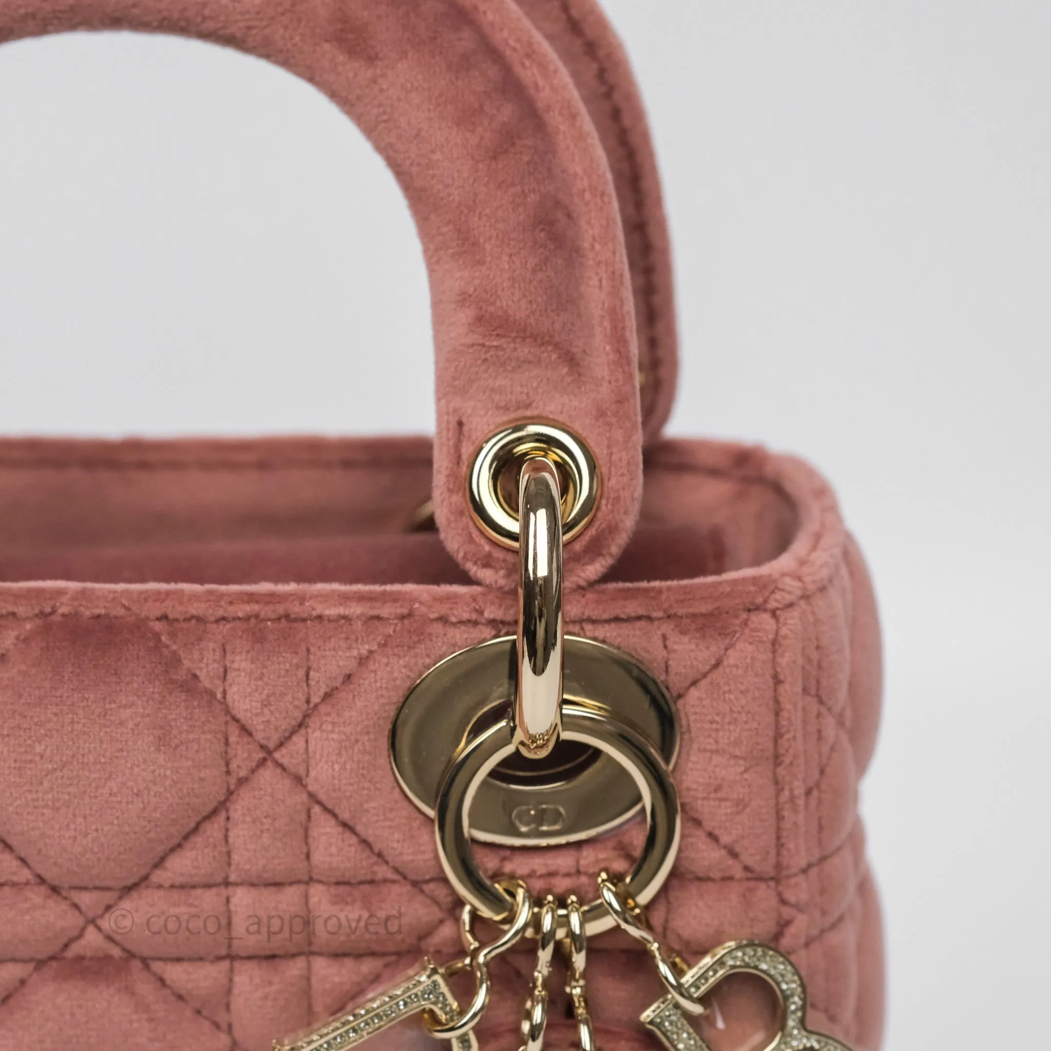 Dior Mini Lady Dior Pink Velvet Cannage Crystal Charms Gold Hardware