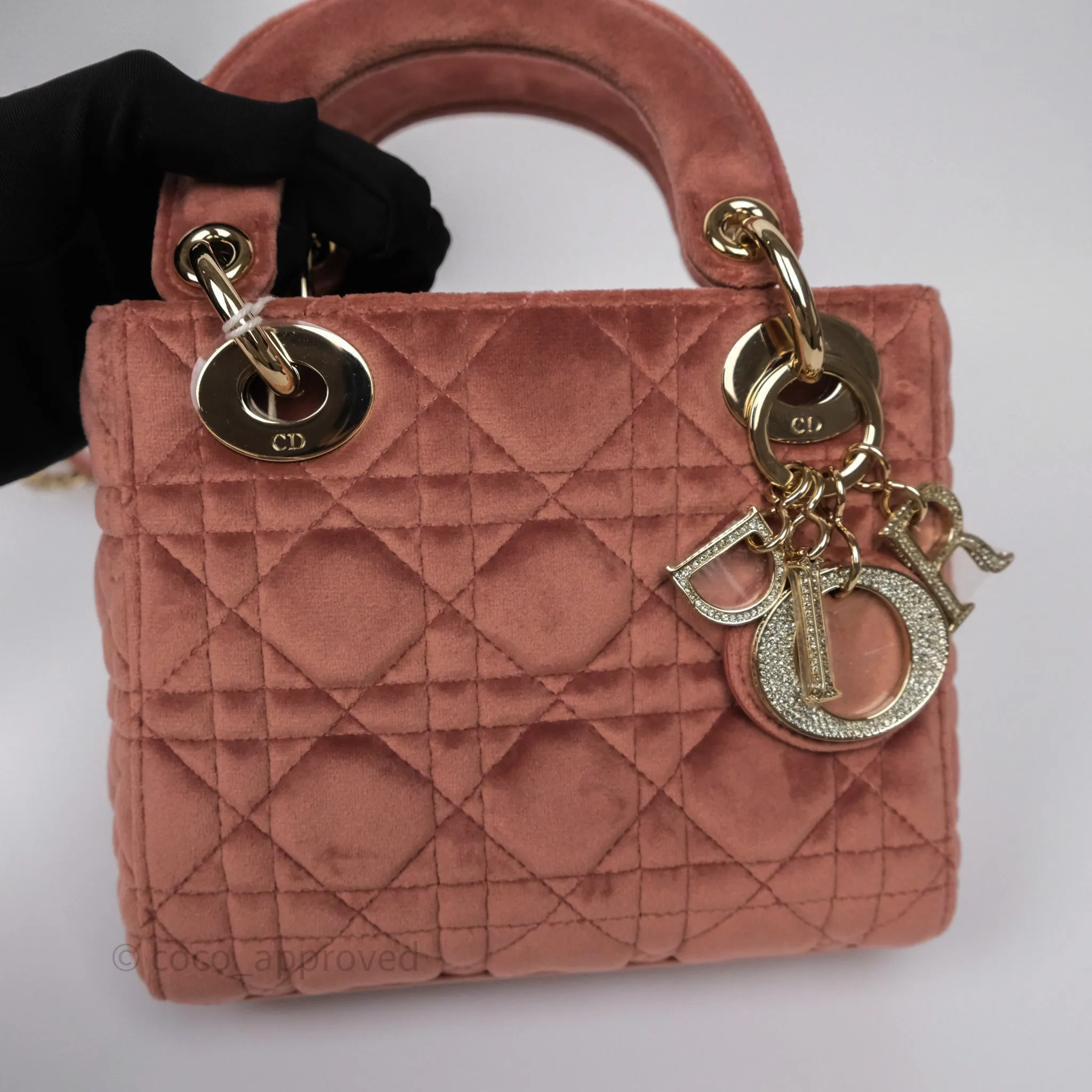 Dior Mini Lady Dior Pink Velvet Cannage Crystal Charms Gold Hardware