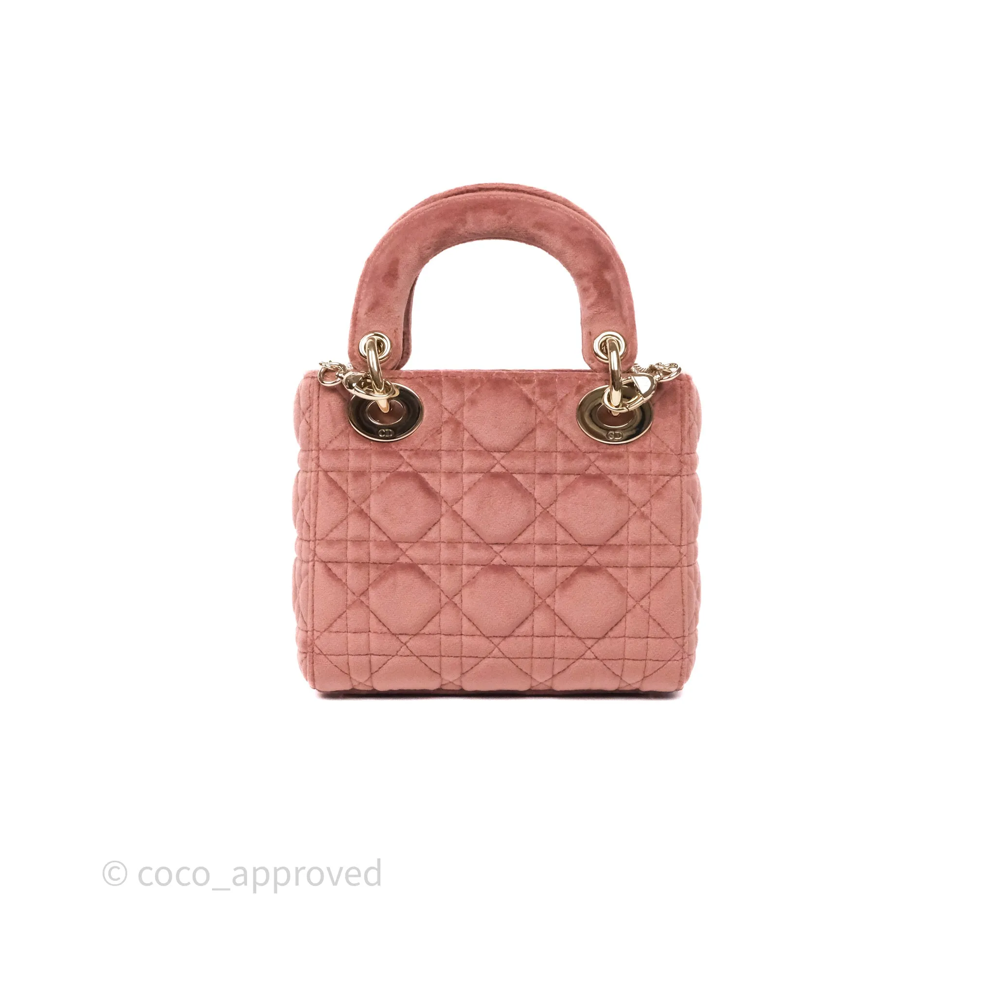 Dior Mini Lady Dior Pink Velvet Cannage Crystal Charms Gold Hardware