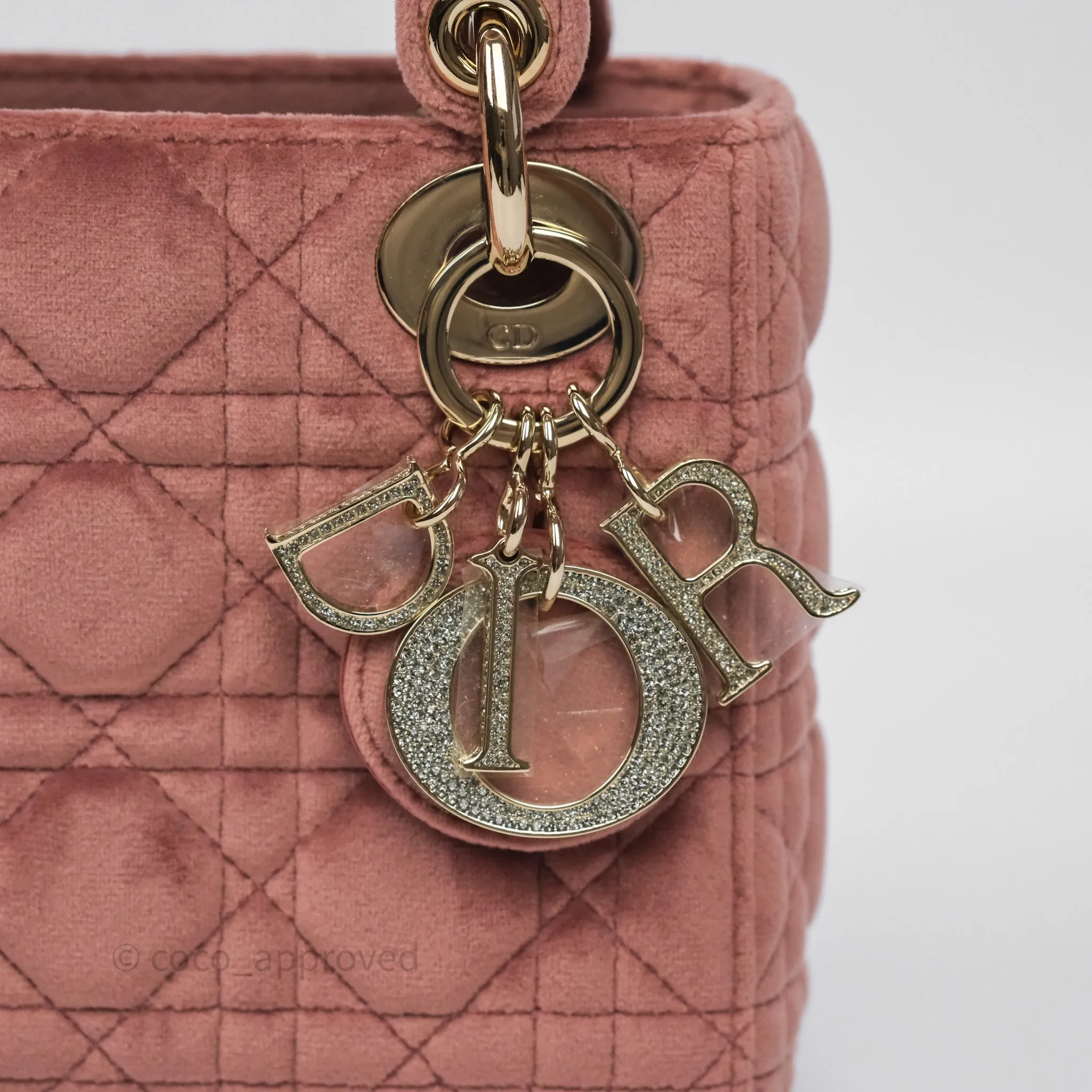 Dior Mini Lady Dior Pink Velvet Cannage Crystal Charms Gold Hardware