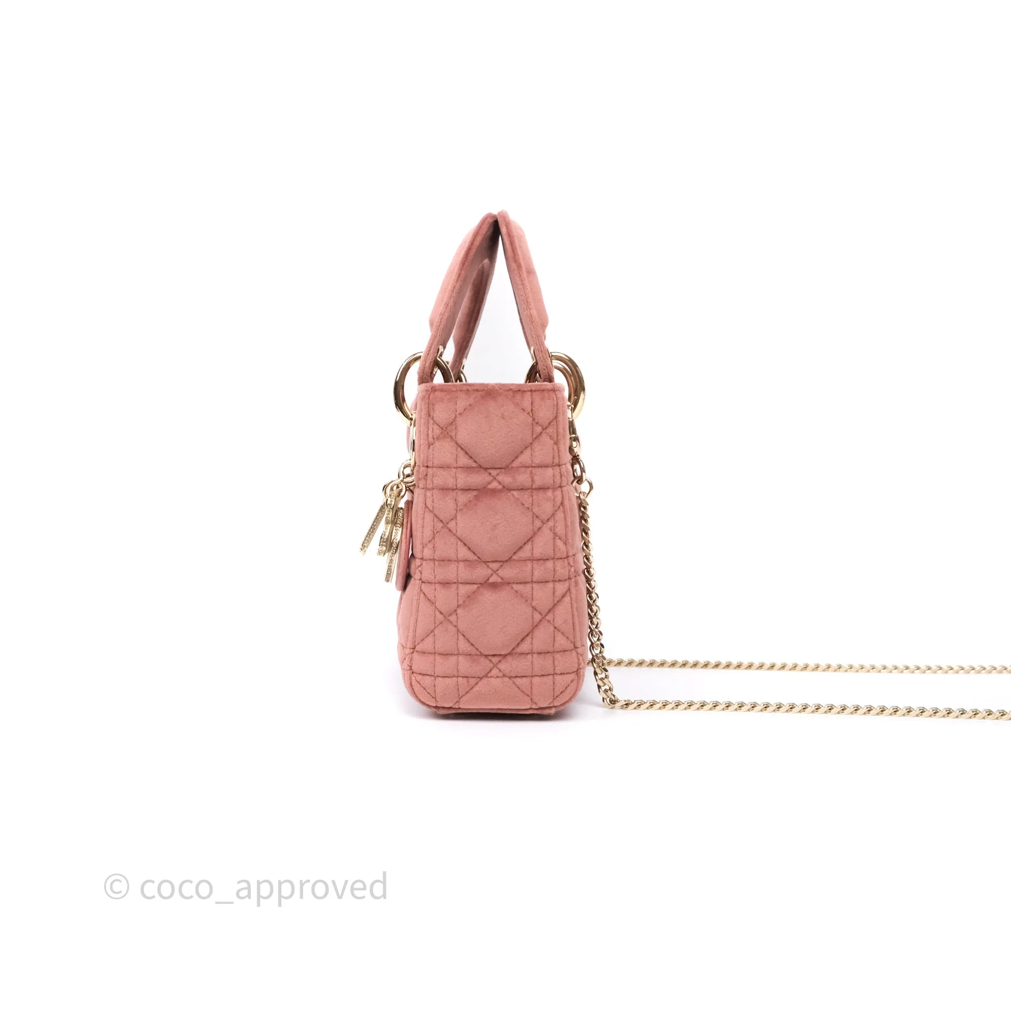 Dior Mini Lady Dior Pink Velvet Cannage Crystal Charms Gold Hardware