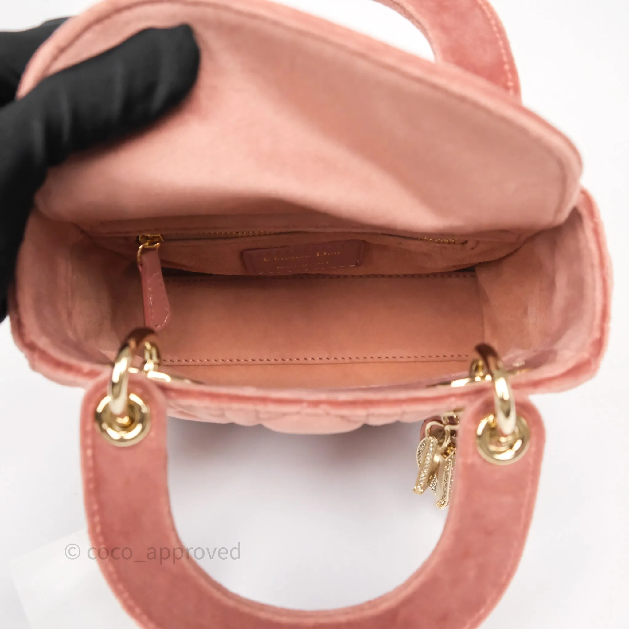 Dior Mini Lady Dior Pink Velvet Cannage Crystal Charms Gold Hardware