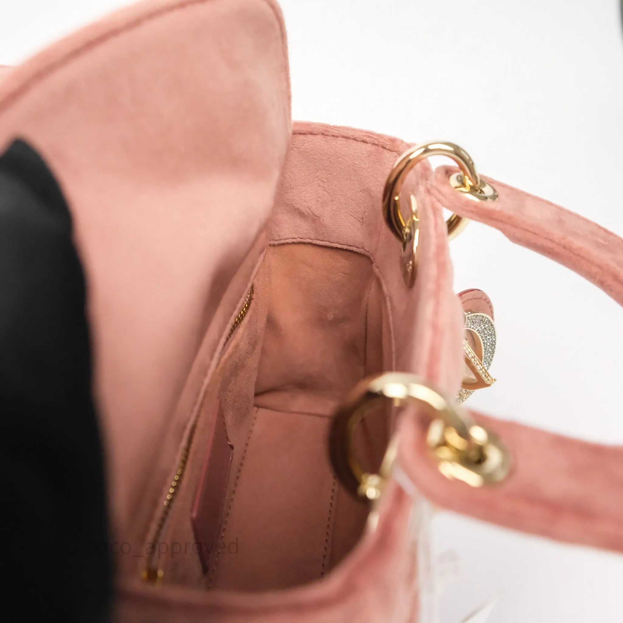 Dior Mini Lady Dior Pink Velvet Cannage Crystal Charms Gold Hardware