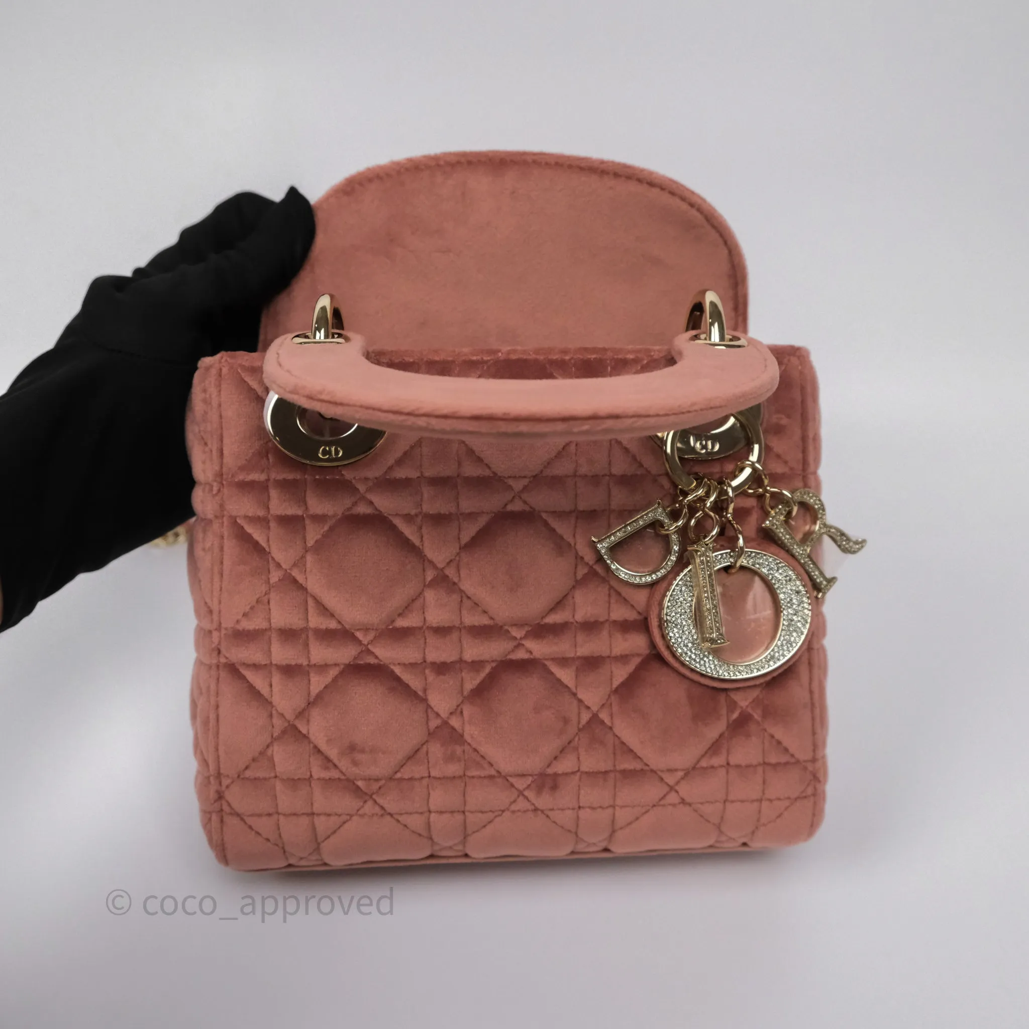 Dior Mini Lady Dior Pink Velvet Cannage Crystal Charms Gold Hardware