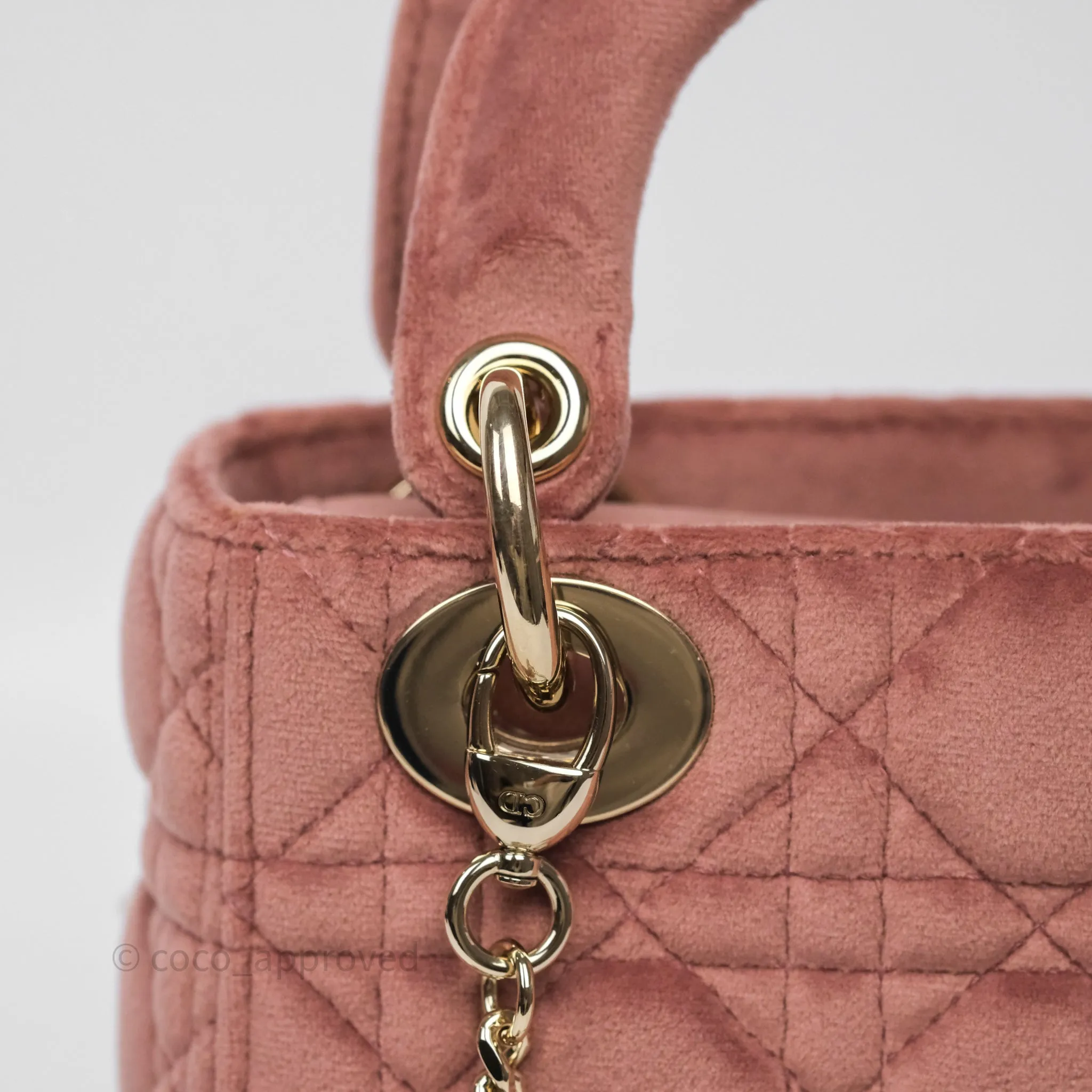 Dior Mini Lady Dior Pink Velvet Cannage Crystal Charms Gold Hardware