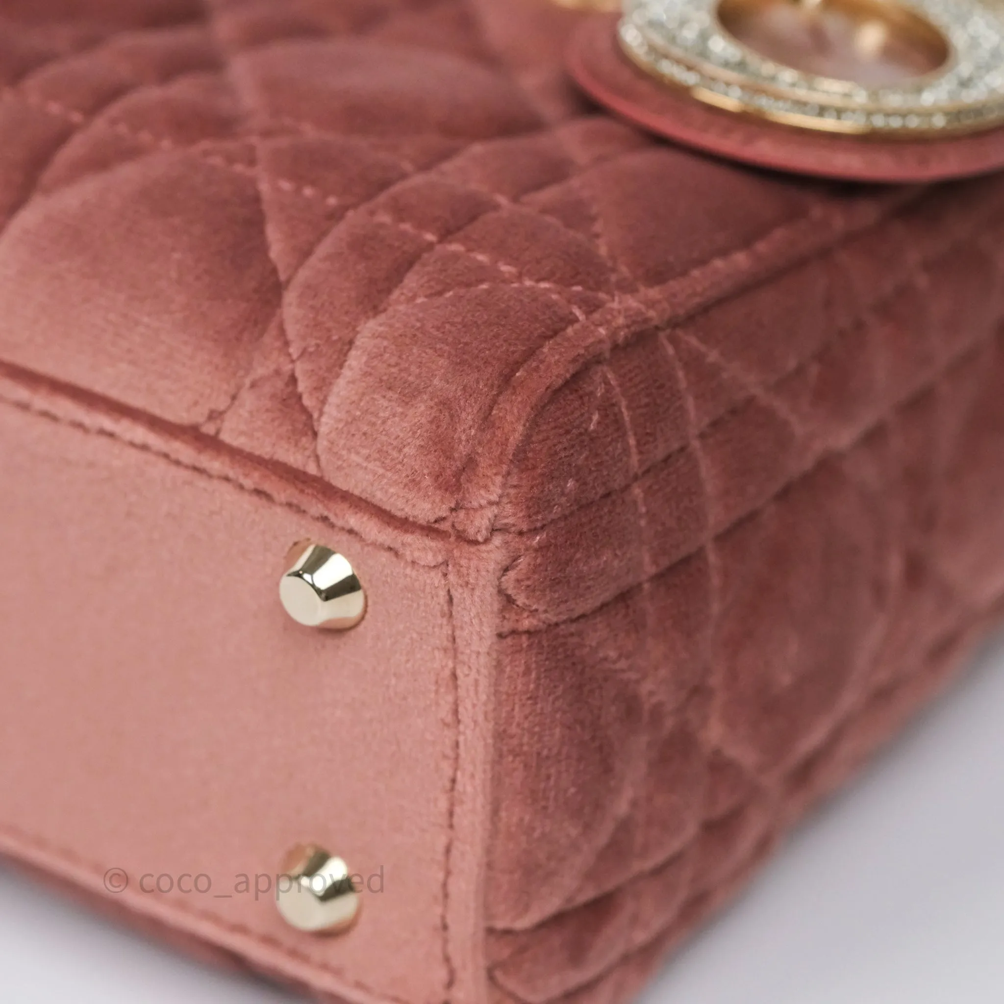 Dior Mini Lady Dior Pink Velvet Cannage Crystal Charms Gold Hardware