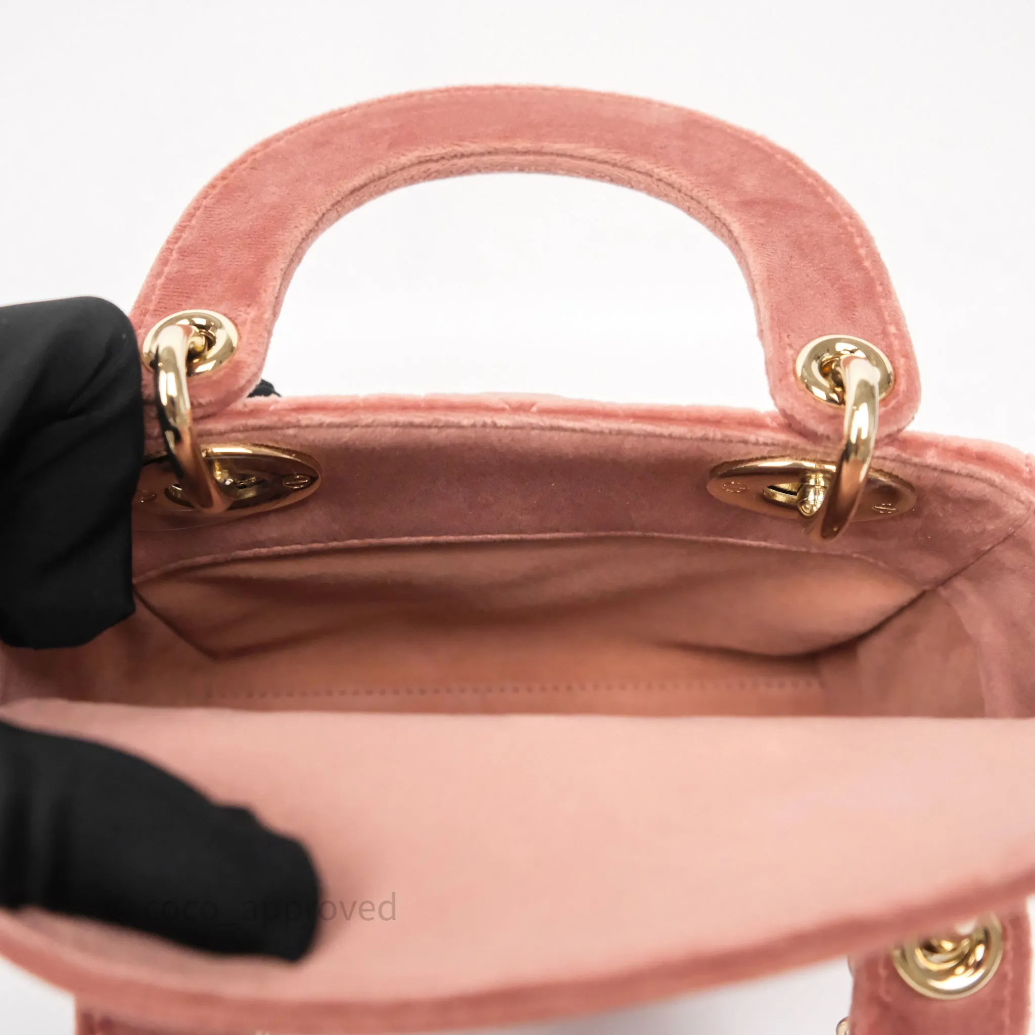 Dior Mini Lady Dior Pink Velvet Cannage Crystal Charms Gold Hardware