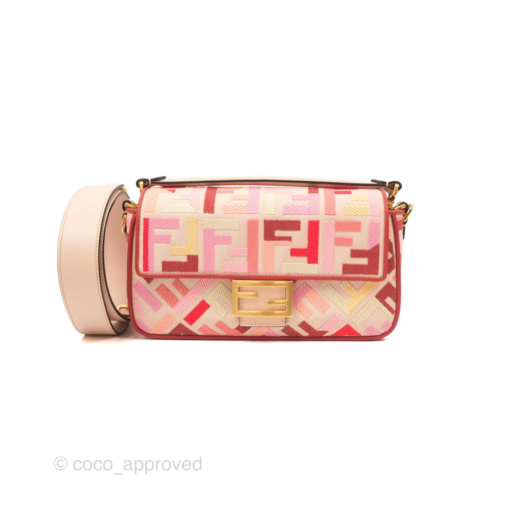 Fendi Medium Baguette Bag FF Embroidered Pink Canvas Gold Hardware