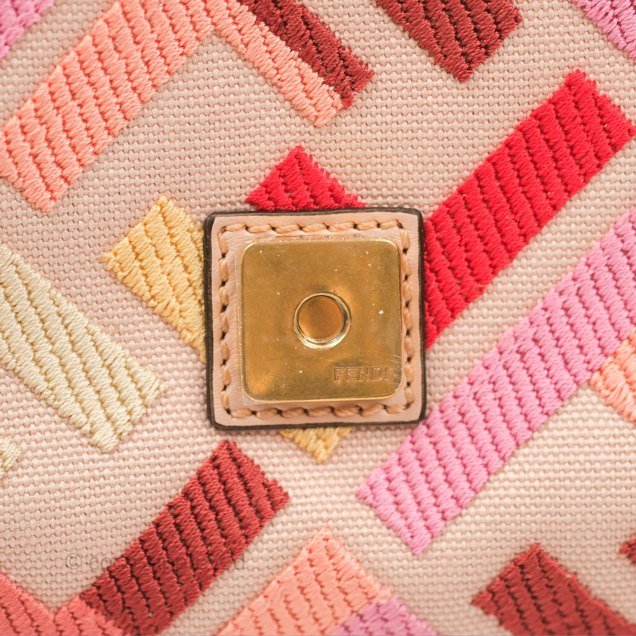 Fendi Medium Baguette Bag FF Embroidered Pink Canvas Gold Hardware