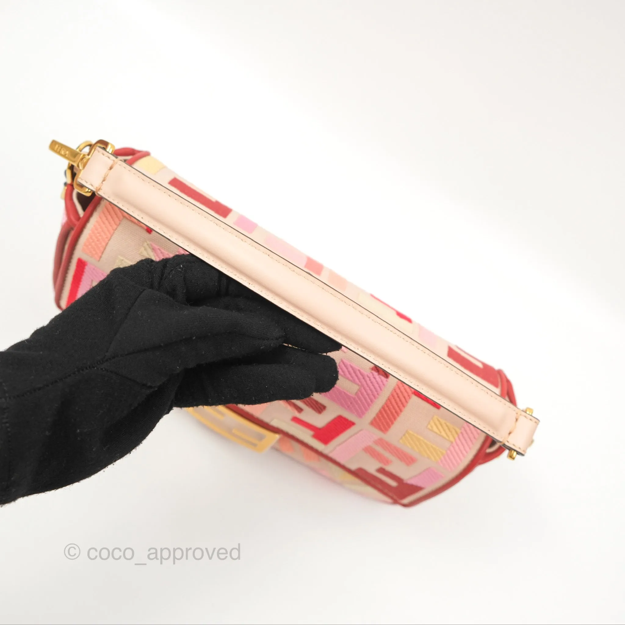 Fendi Medium Baguette Bag FF Embroidered Pink Canvas Gold Hardware