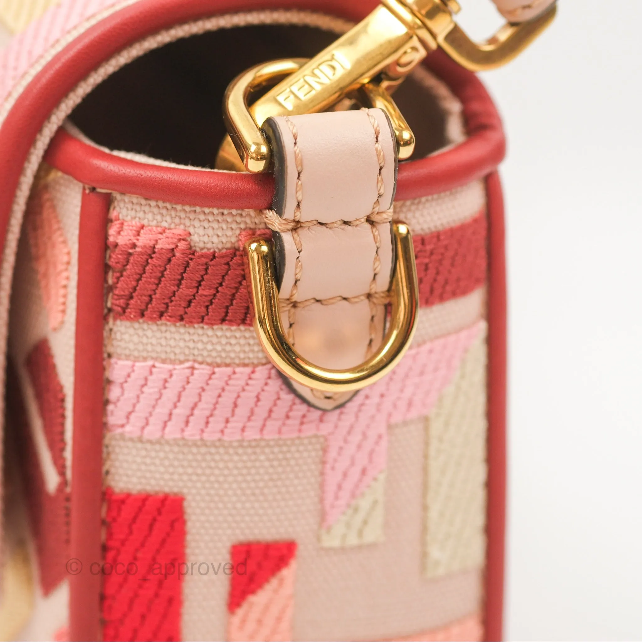 Fendi Medium Baguette Bag FF Embroidered Pink Canvas Gold Hardware